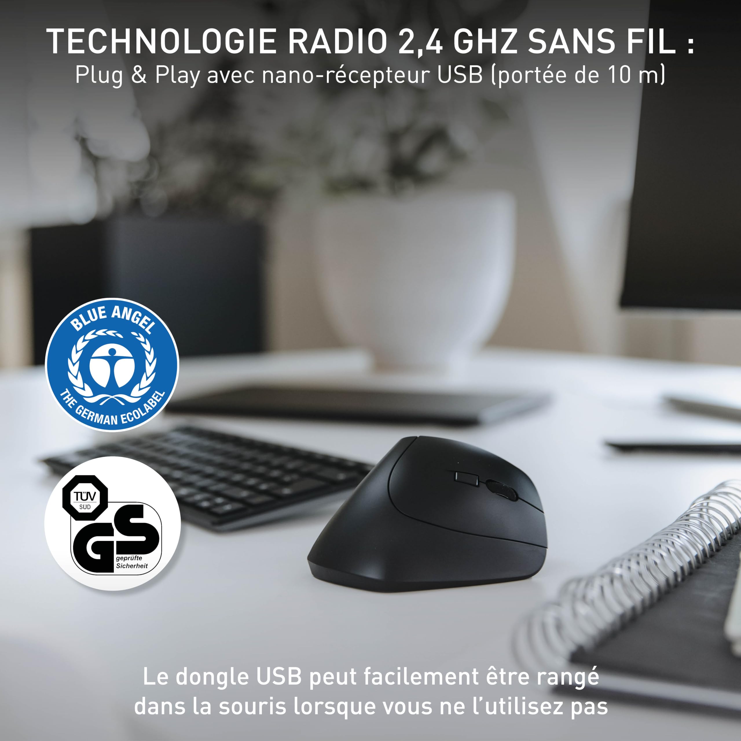 Cherry MW 4500, Souris Verticale Ergonomique pour Droitiers, sans Fil (Radio 2,4 GHz), Résolution Réglable sur 3 Niveaux Jusqu'à 1200 Dpi, Piles, Noir