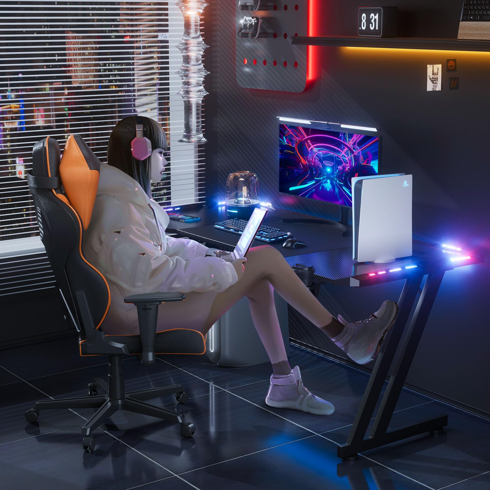 HLONONE 120 x 60cm Bureau Gaming LED, Grande Bureau Gamer avec Un Plateau en Fibre de Carbone, Bureau Informatique Ergonomique avec Tapis de Souris, Porte-gobelet et Crochet pour Casque, Noir