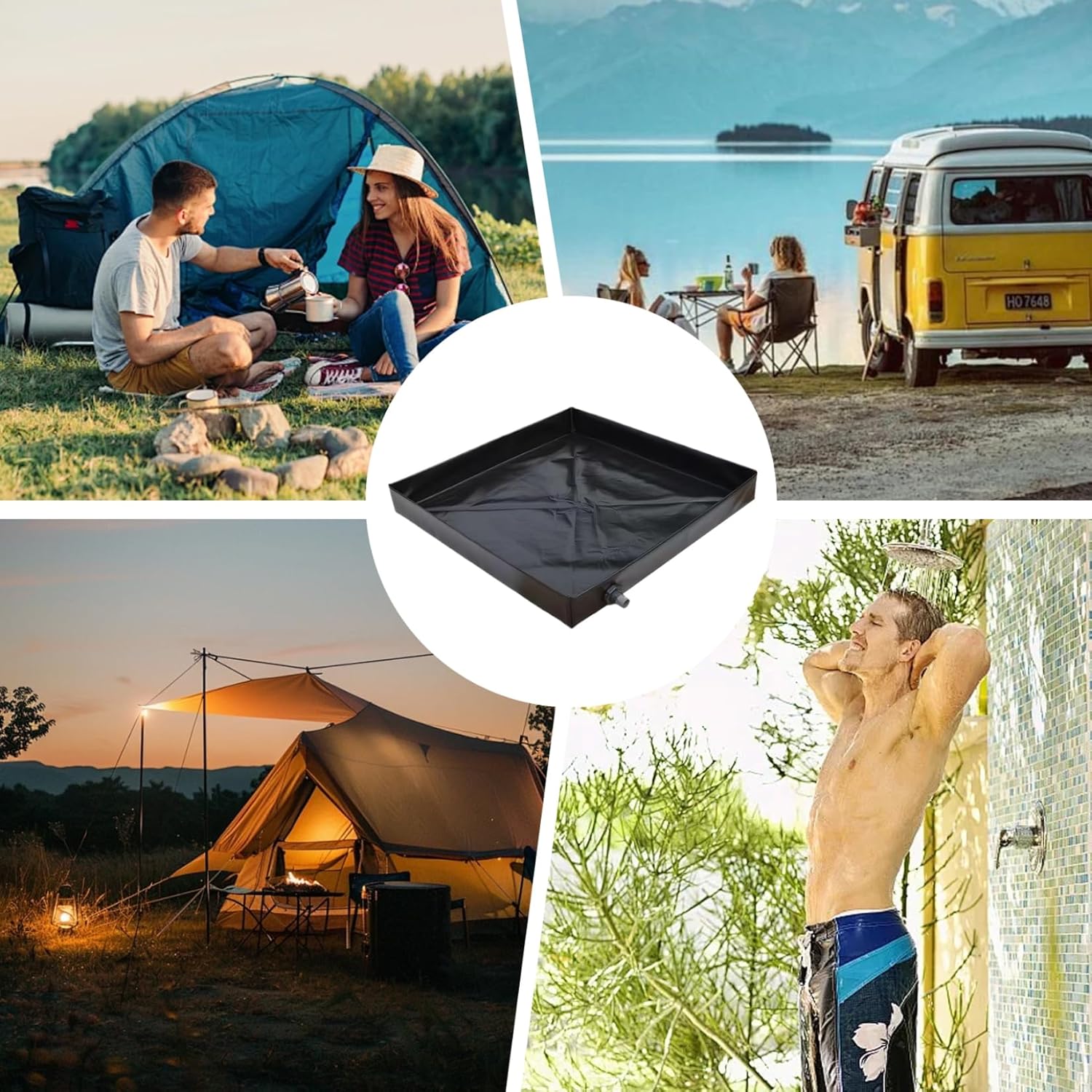 Camping Shower Mat, 41x41'' Collapsible Shower Base with Wrapped Edges Rapid Drainage Waterproof Pan with Heavy Duty Bottom for Outdoor Camping.