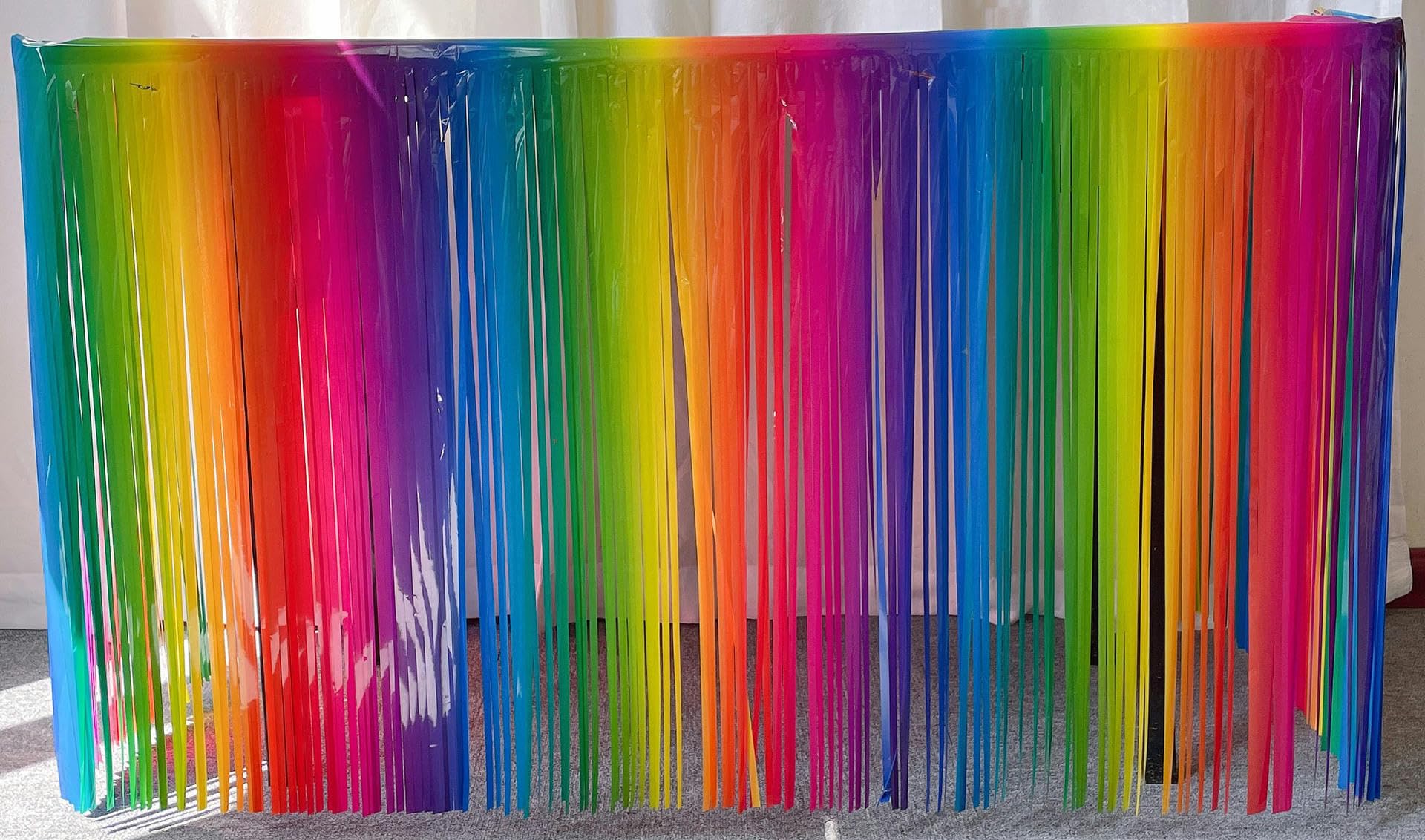 275 x 75 cm, 20 sztuk, kolory tęczy, hawajska spódnica stołowa, folia metalowa, frędzle, spódniczki stołowe z lametty, folia z lamety, girlanda na baby shower