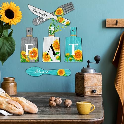 Miniatura 6 de Juego de 6 letreros de girasol para cocina, tenedor y cucharas, decoración de pared de cocina, placas colgantes de madera, arte de pared de granja,