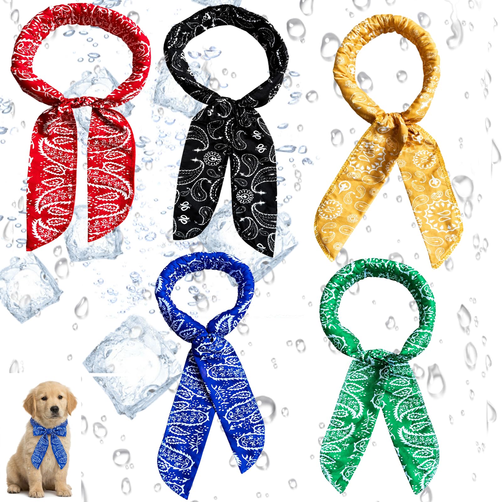 5-Piece Pet Cooling Neck Wrap, Dog Cooling Bandana and Ice Bandana Scarf Set, 100x5cm Tie-On Summer Accessories in Leaf and Cashew Patterns for Dogs and Cats