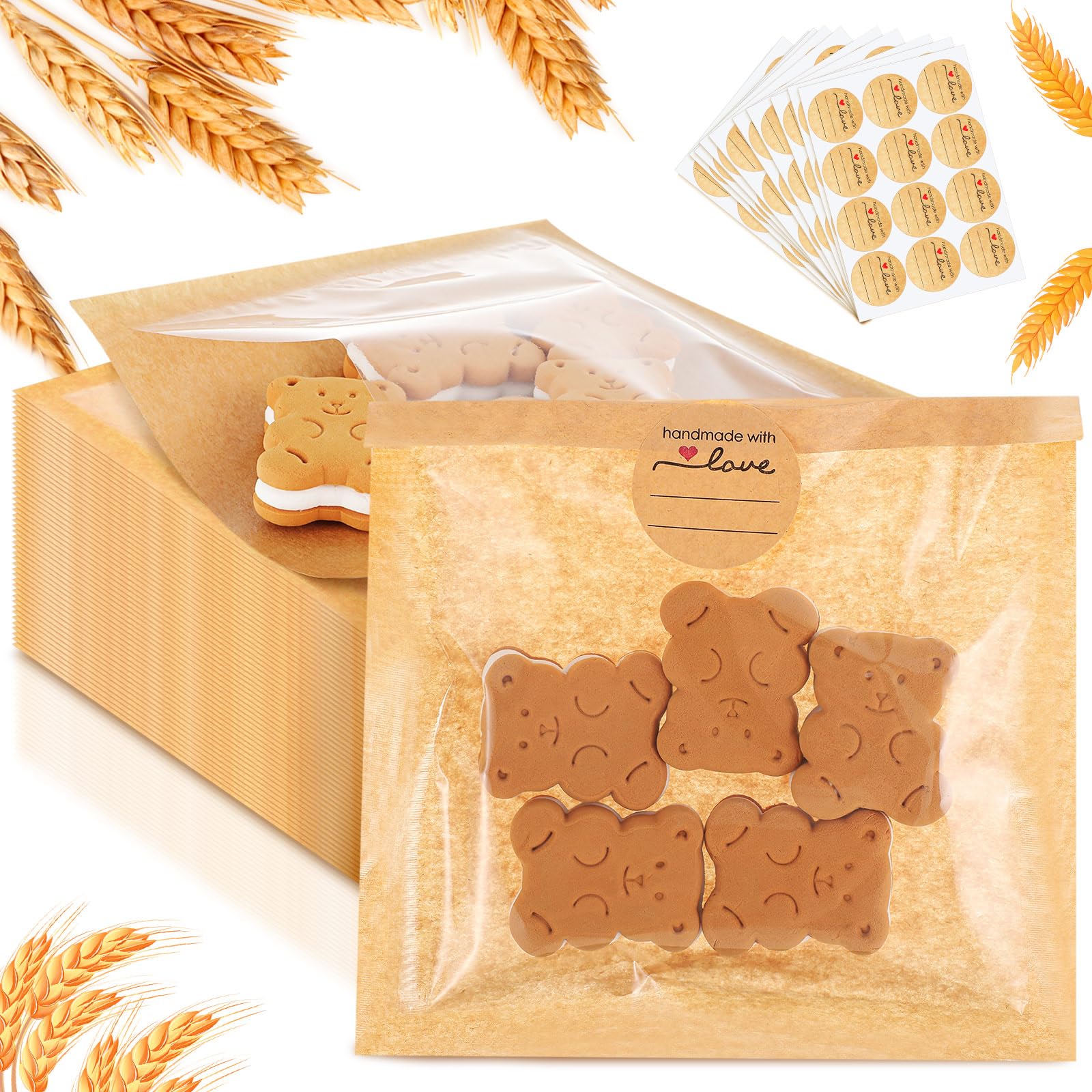 Photo 1 of Outus 100 Pcs Cookie Packaging Bags with Seal, 6 x 6 Inch Bakery Pastry Bags with Window, Heat Sealable Grease Resistant Paper to Go Bake Sleeves for Gift Giving Donut Bread Sandwich (Brown)