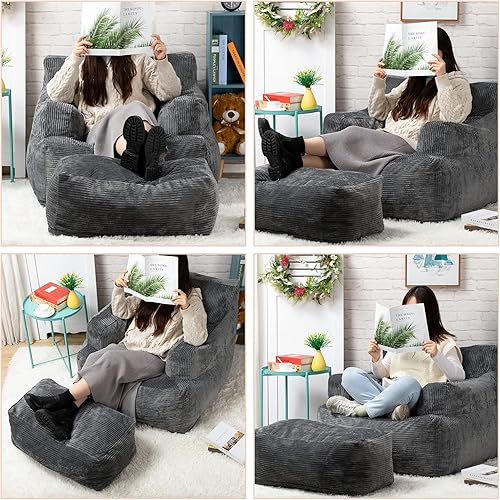 Miniatura 7 de HollyHOME Juego de 2 sillas y reposapiés con relleno para adultos, sofá puff relleno de espuma de 37 libras con funda lavable, juego de 2, silla de