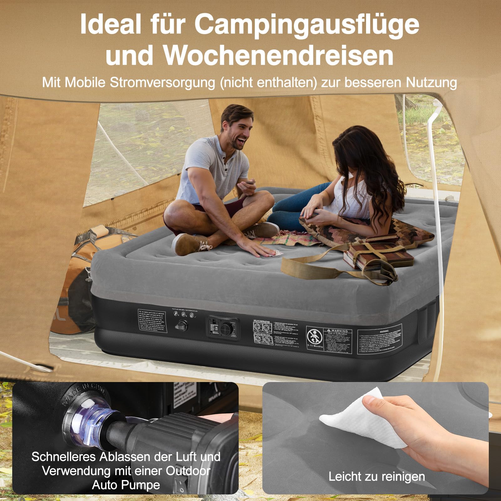 Lewondr Luftbett 2 Personen mit Eingebauter Pumpe 203x152x46CM Komfort Aufblasbare Matratze 3 Min Selbstaufblasend Camping Haus Gäste Reisen 300kg Grau