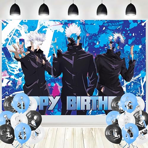 Satoru - Decoración de fiesta de anime de 5 x 3.3 pies, fondo de fiesta Gojo con 24 globos de Jujutsu Satoru Kaisen, suministros de fondo para