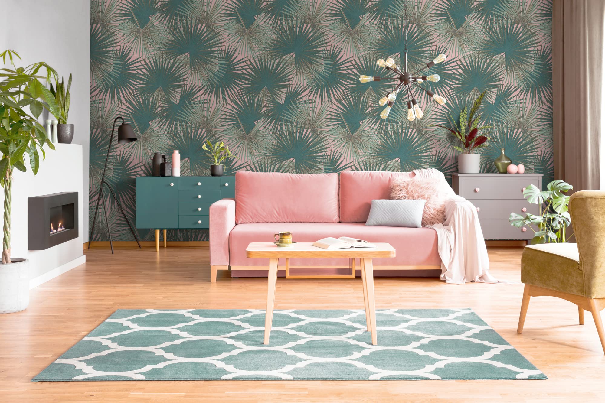 Papier peint non tissé vert pétrole motif feuilles Livingwalls
