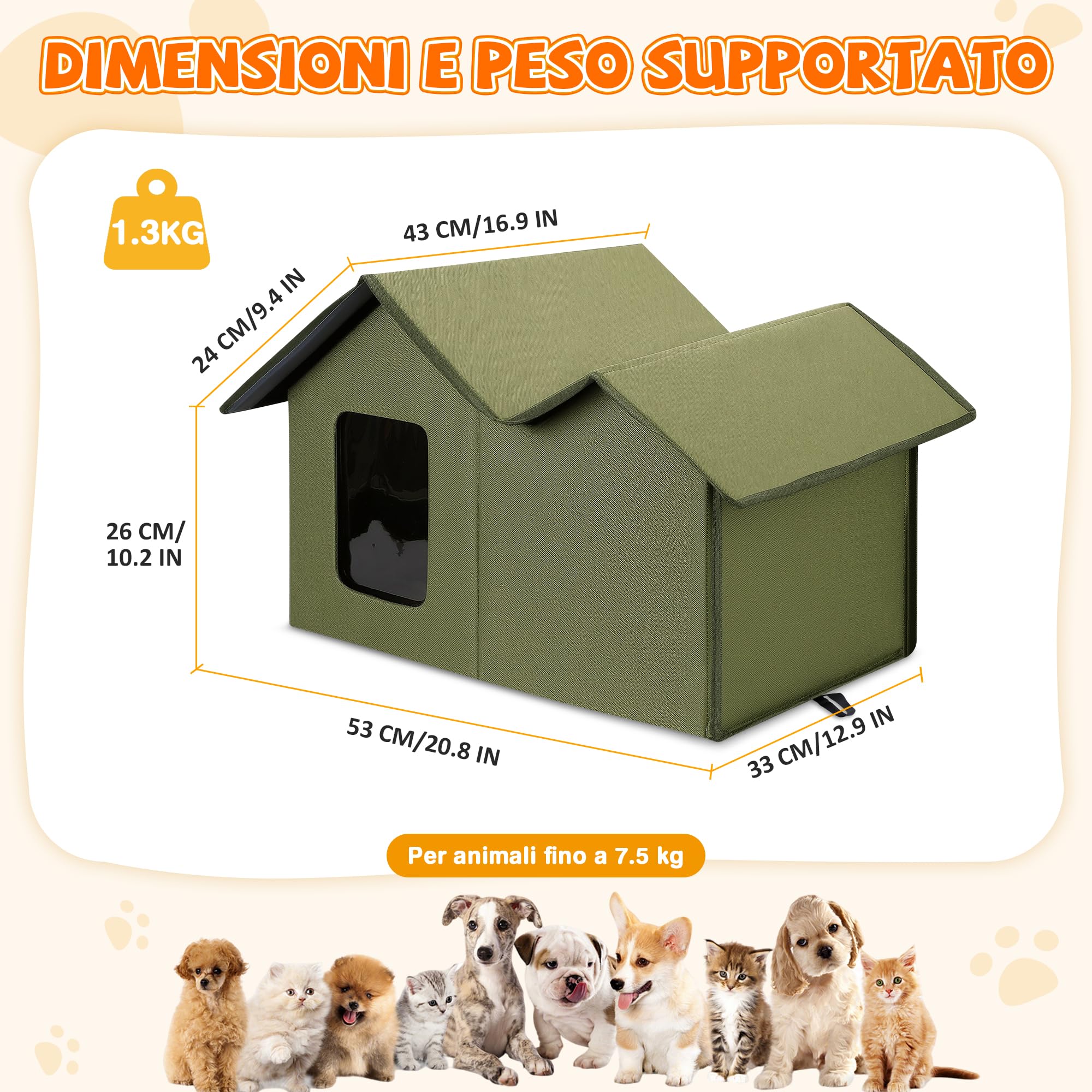 ALLSOPETS Cuccia per Gatti da Esterno Impermeabile, Cuccia Coibentata Pieghevole per Gatti e Cani, Rifugio Caldo Resistente alle Intemperie per Interno ed Esterno (Verde Bosco)