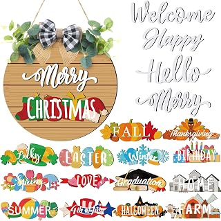 20 Pcs Interchangeable Welcome Sign for All Seasons Seasonal Front Door Decor with 4 Sign and 14 Changeable Icons Farmhouse Front Porch Rustic Wooden Door Decor for Christmas(Brown)