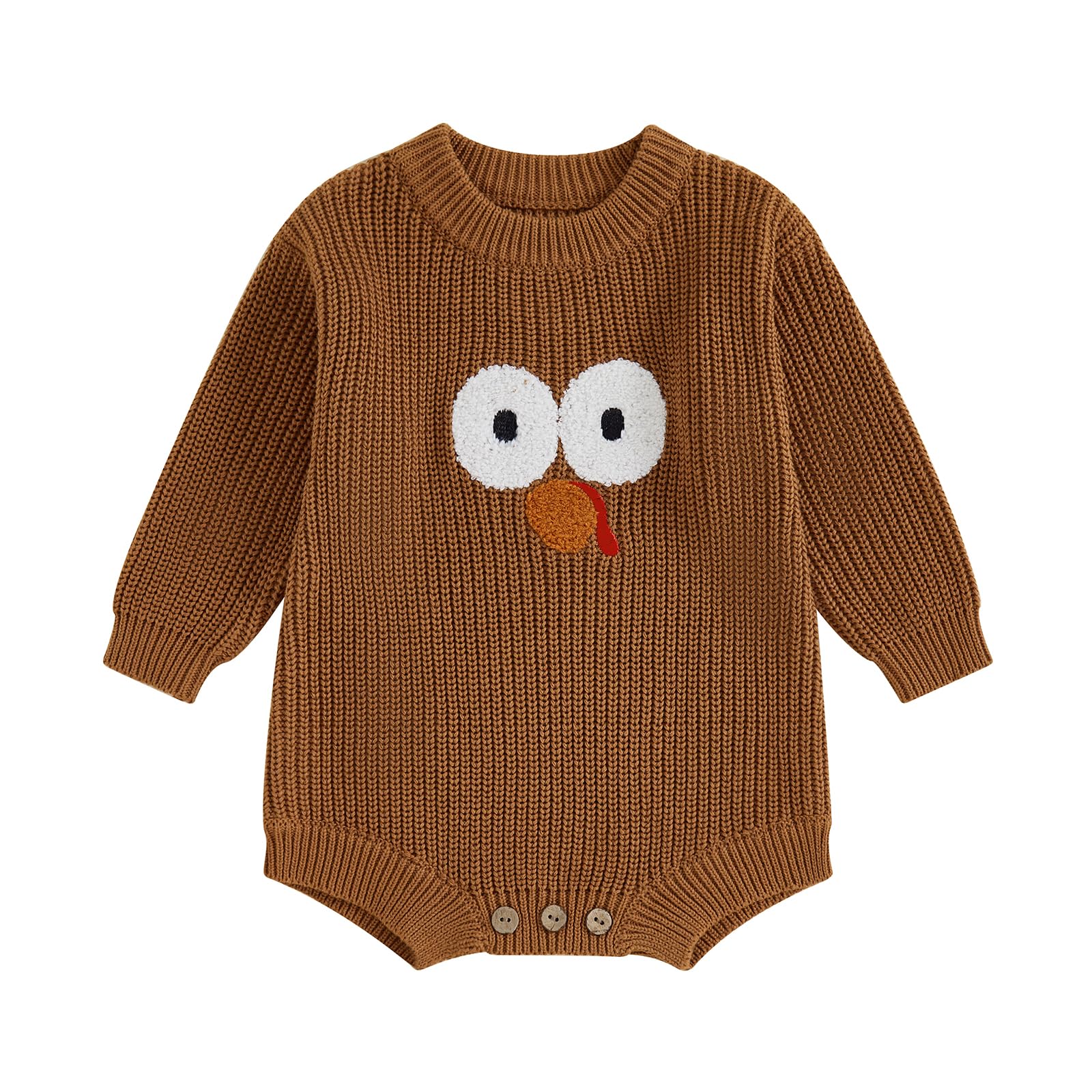 MOLZULAMS Thanksgiving Baby Girl Boy Outfit Long Sleeve Turkey Knit Sweater Romper Crewneck Pullover Sweatshirt Fall Clothes (Brown, 3-6 Months)