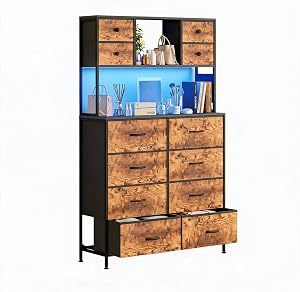 12 Drawer Fabric Dresser with LED Lights & Charging Station - Tall Storage Cabinet with 3 Open Shelves - Sturdy Metal Frame, Wooden Top - Bedroom, Living Room, Entryway - Color: Brown