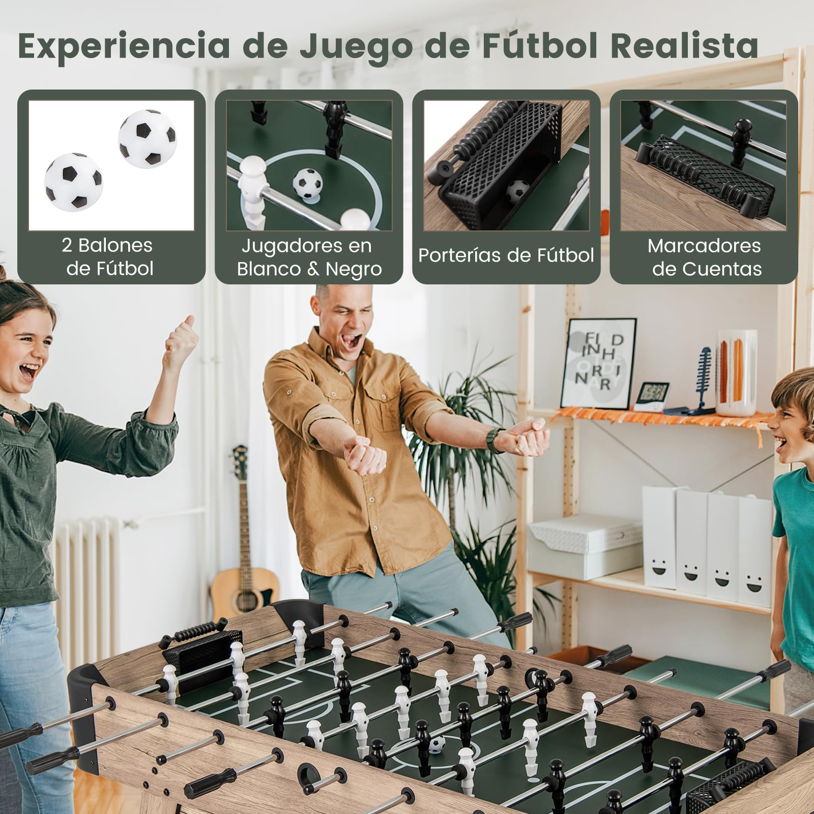 COSTWAY Futbolín de Madera, Mesa de Juego de Fútbol de Arcade con 2 Pelotas y 26 Jugadores, 2 Marcadores de Cuentas, Niveladores de Patas Ajustables para Niños y Adultos, para Sala de Juegos, Fiestas