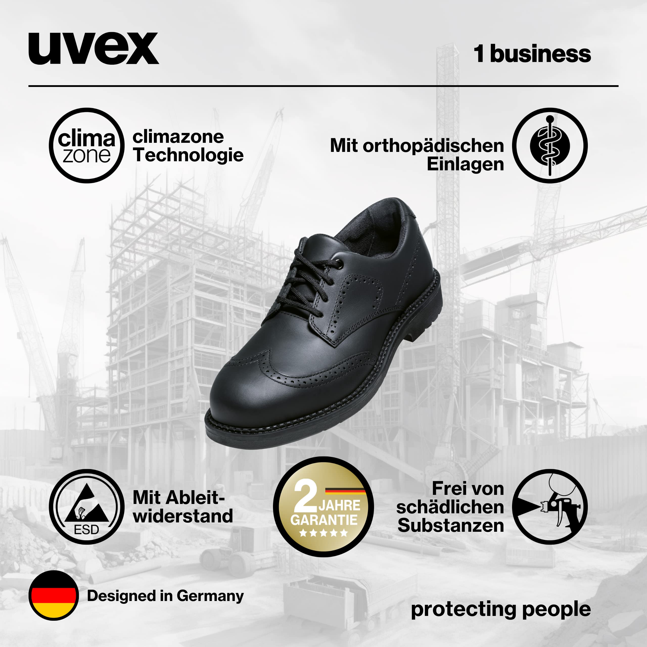 Uvex 1 Zapatos de seguridad con puntera de acero, zapatos de trabajo resistentes y transpirables S3 SRC, unisex, color negro, talla 47
