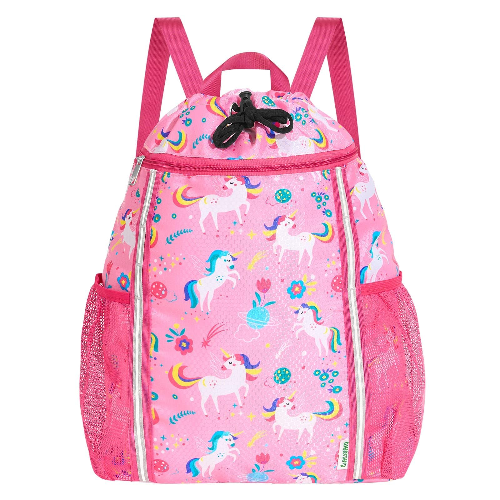 WAWSAM Drawstring Bags for Kids with Reflective Strip, Unicorn Gym Bag for Girls, Waterproof Swim Bag for Swimming Beach String Cinch Backpack with Two Mesh Water Bottle Pocket
