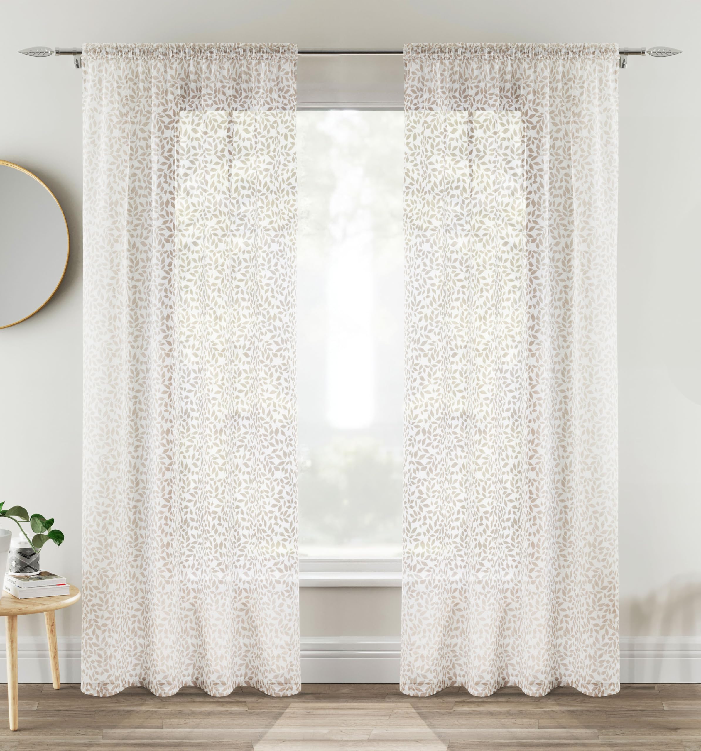 Tyrone Textiles Pair of Willow Natural Leaf Print Linen Look Sheer Voile Panels 229 CMS