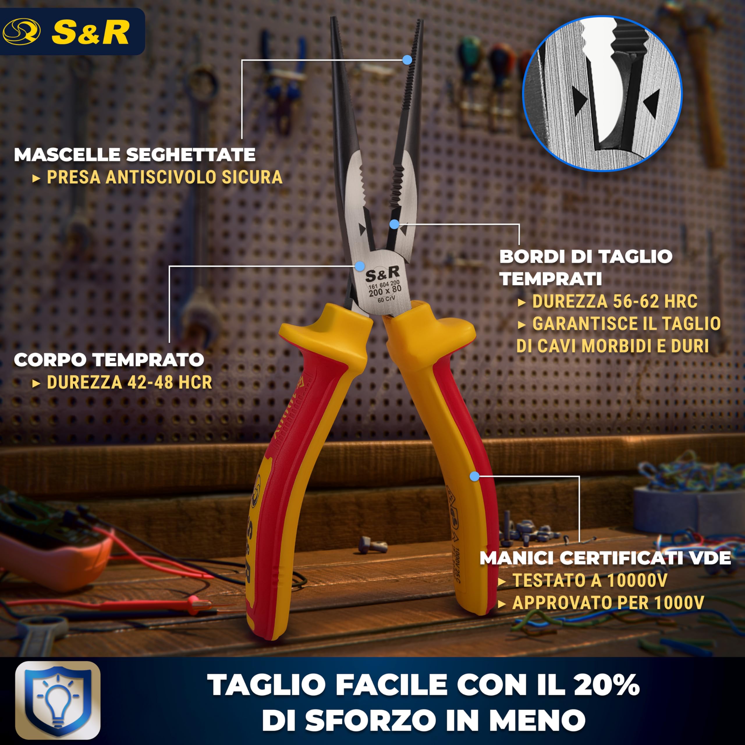 S&R Pinze a becco lungo certificate VDE. Pinza elettricista in acciaio al cromo-vanadio fosfatato.