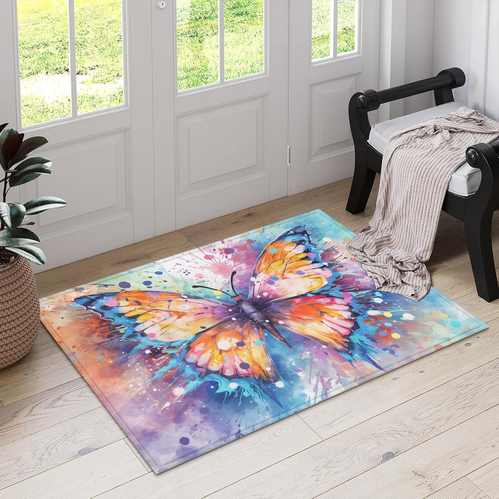 Watercolor Butterfly Indoor Door Mat, Outdoor Entrance Doormat for Entryway Kitchen Bathroom 17 X 29 Inch