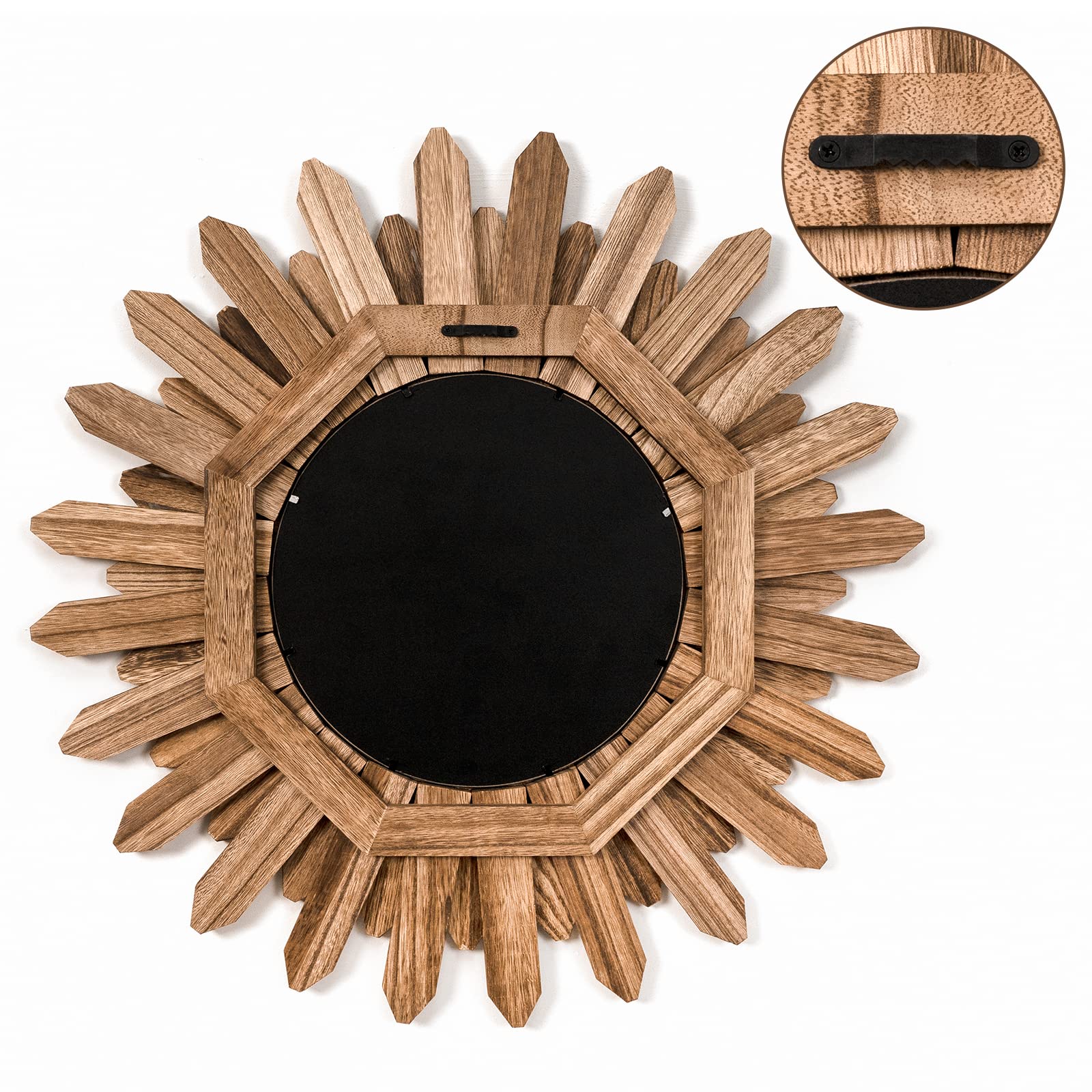 Honiway Mirror Wall Decor 21 inch Rustic Wood Boho Wall Decor Aesthetic Mirror for Room Decor Home Decor Farmhouse Wall Decor at Living Room Bedroom Carbonized Black