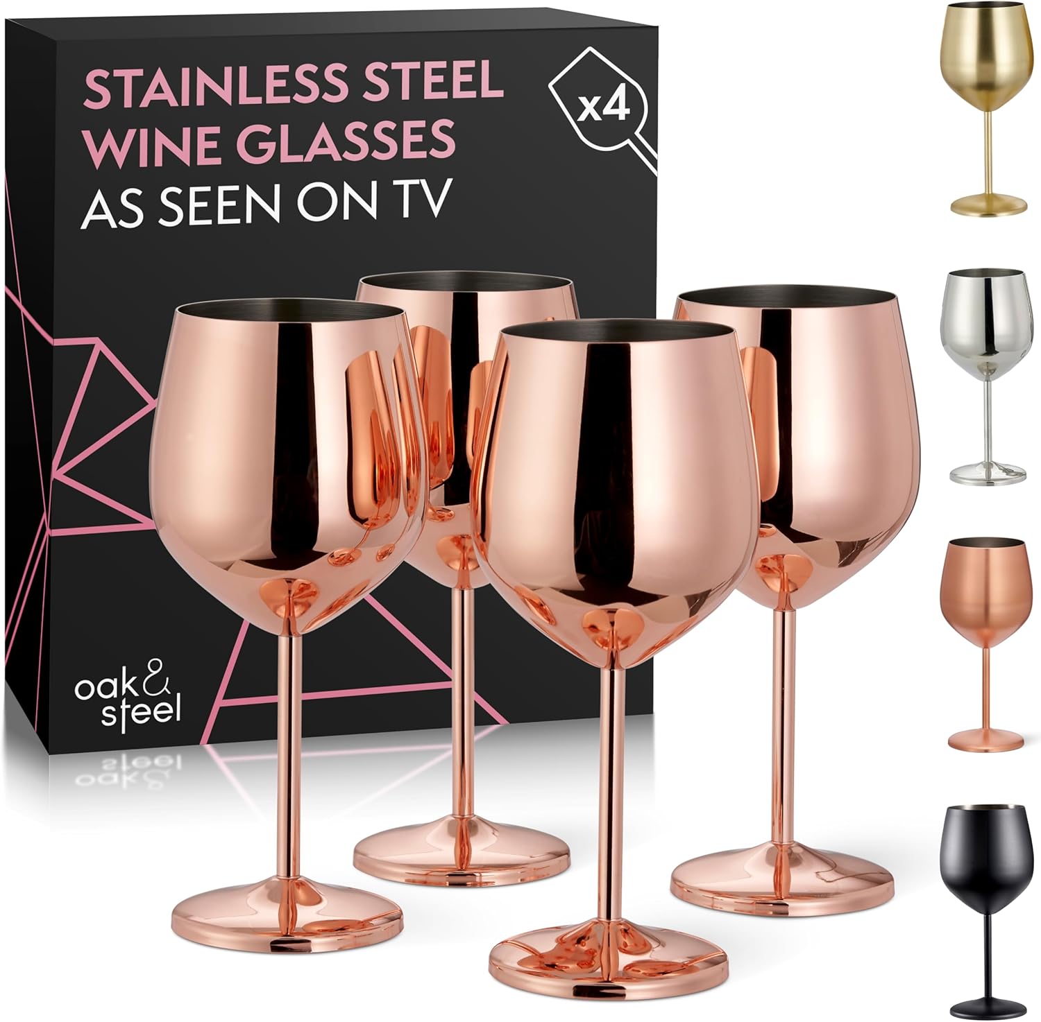 Oak & Steel - Rose Gold Stainless Steel Wine Glass Set of 4 in Christmas Giftbox, Metal Wine Glass 18oz, Outdoor Wine Glasses Unbreakable Wine Glasses for Xmas Gift, Beach, Pool Party