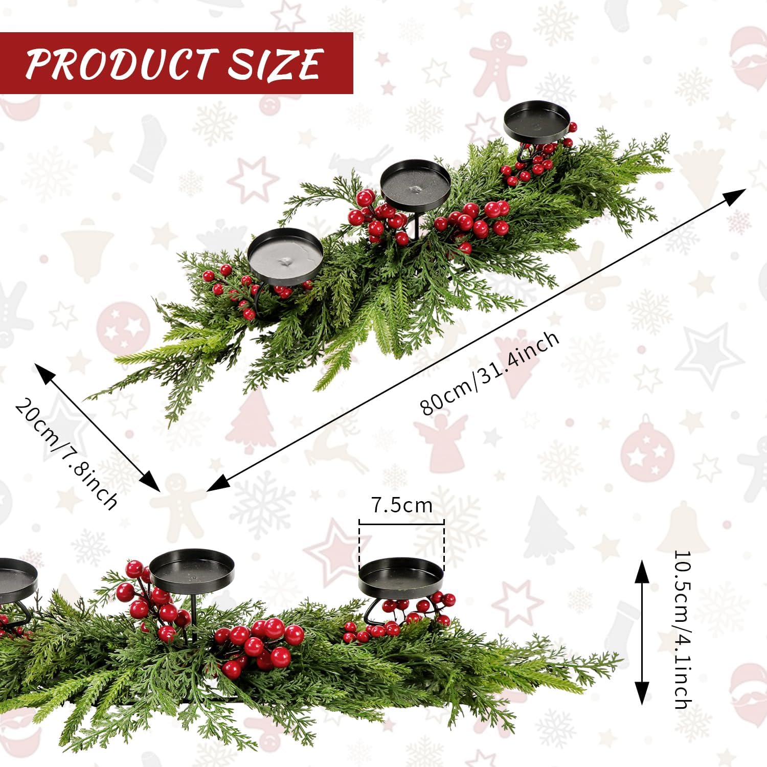 40cm Rustic Christmas Candle Holder 3 Trays with Norfolk Pine Cedar Branches Red Berries for Holiday Dining Table Centerpiece Tabletop Indoor Home Wedding Decorations (Red Berry, 40cm)