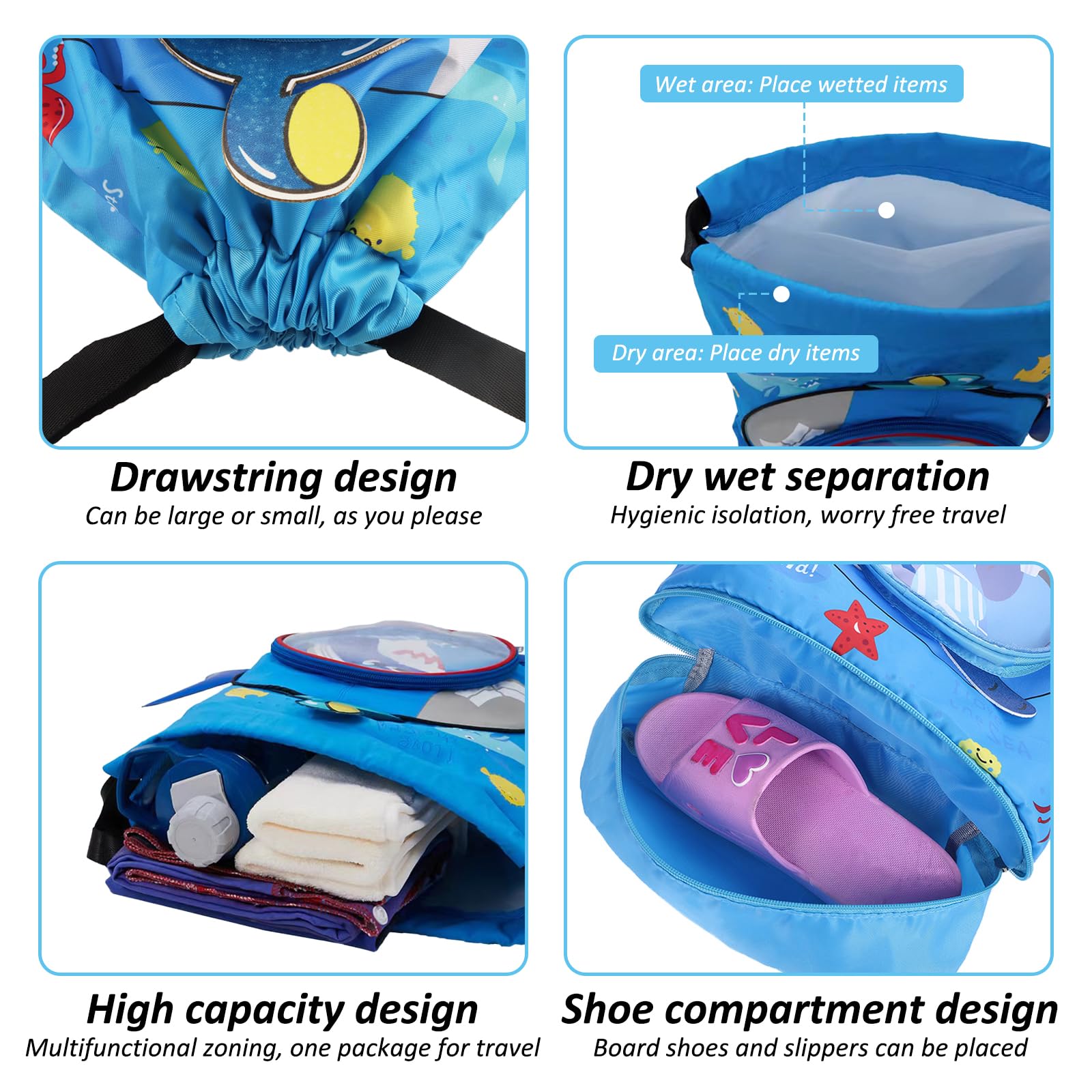 ZoneYan Mochila Cuerdas para Niños, Bolsa de Natación y Piscina Impermeable, Bolsa Deporte Con Cordón, Separación Seco-Húmedo Con Compartimento para Zapatos