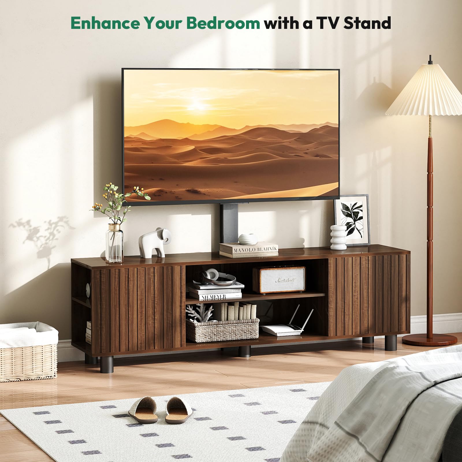 TV-Stand with Mount and Power Outlet, Fluted TV Stand for 65 70 75 Inch TV, Entertainment Center with Storage, Media Console Table for Living Room, Walnut