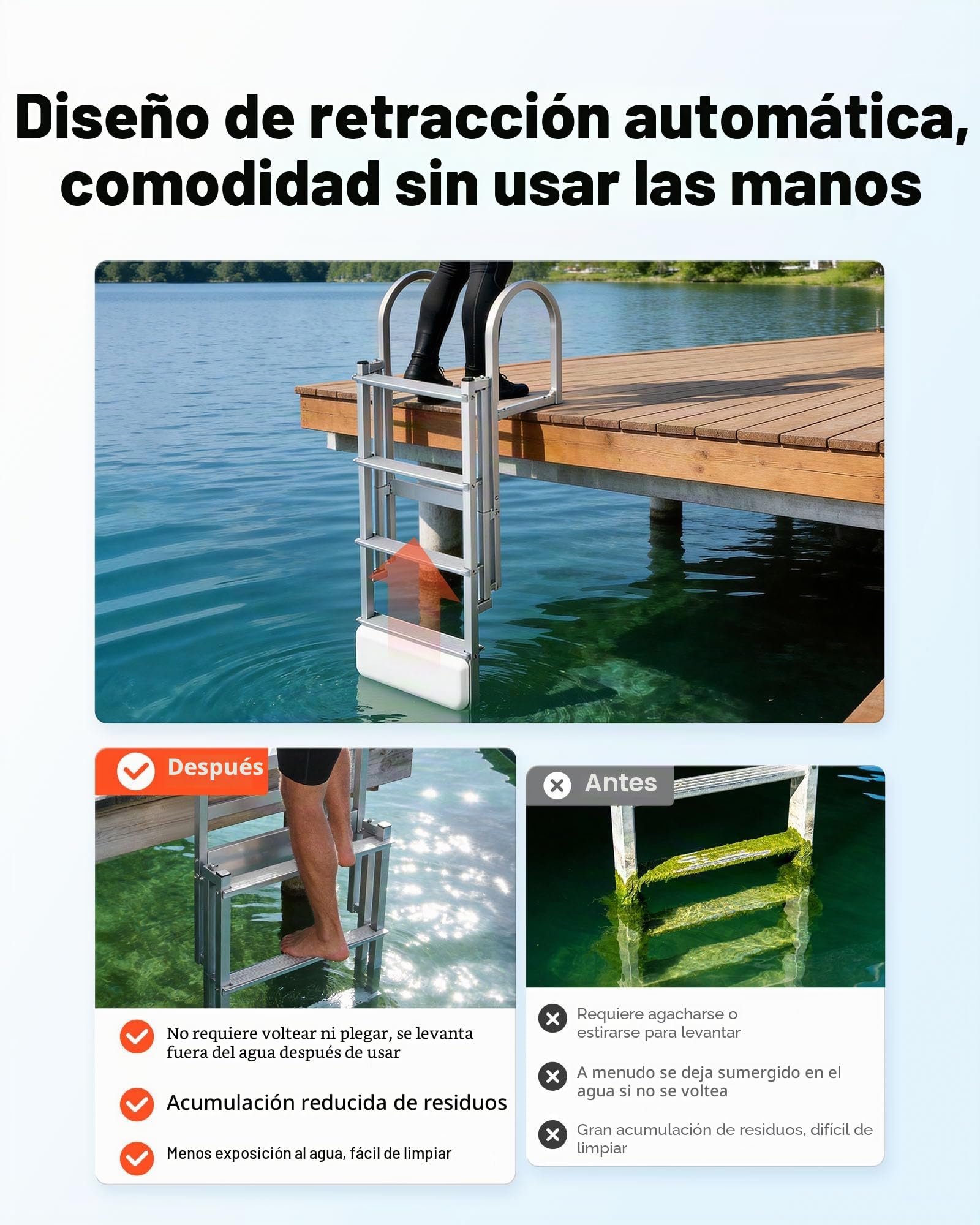 VEVOR Escalera de Muelle Capacidad de 227 kg con 4 Peldaños Antideslizantes, Pasamanos, Escalera Retráctil de Aluminio con Elevación Automática para Pontón Lago Barco Piscina Plataforma de Natación