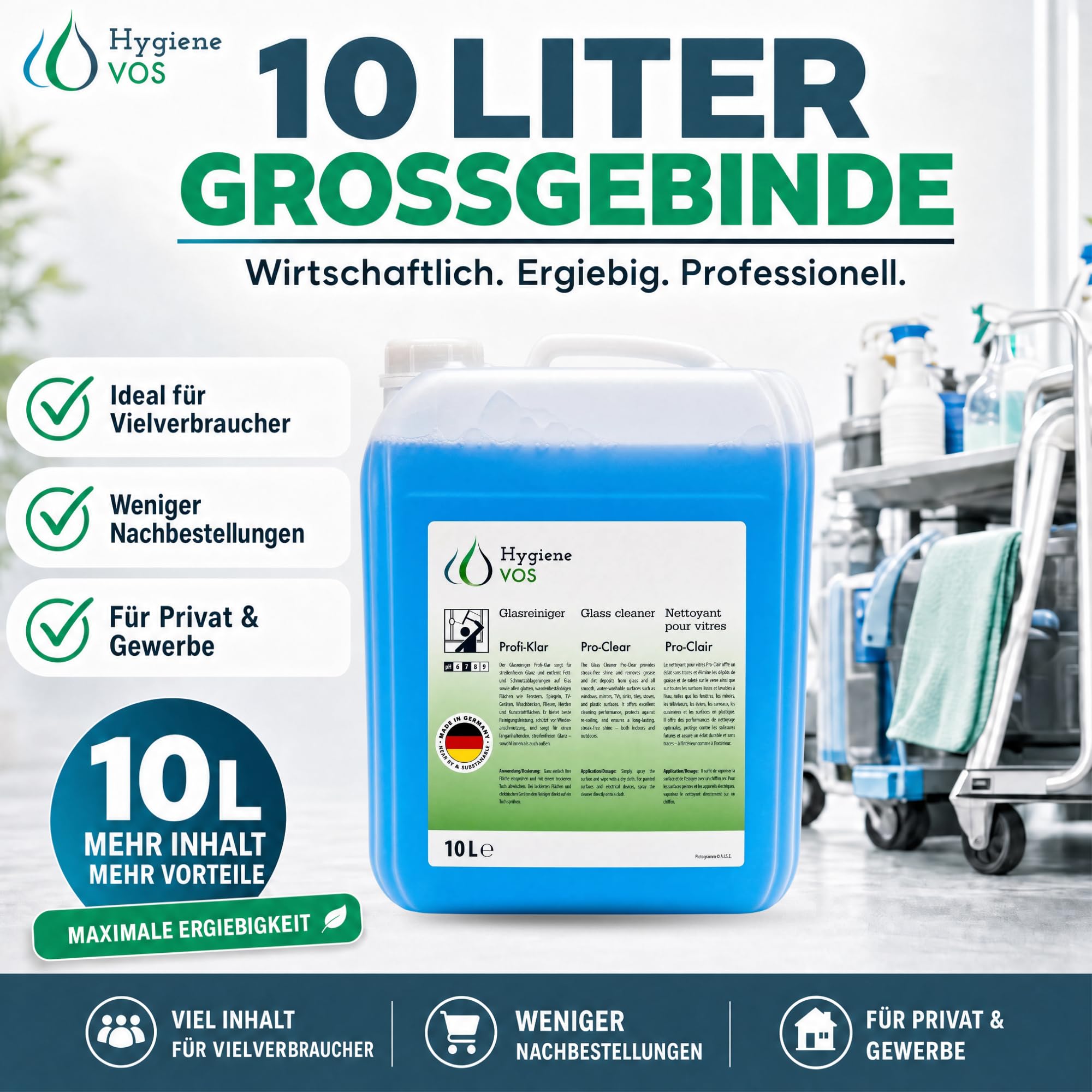 Hygiene VOS Profi-Klar. Lavavetro Trasparente totale di 10 litri. Per tutti i tipi di superfici smaltate, specchi e piastrelle, lasciandoli brillanti e senza sprechi
