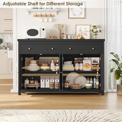 Miniatura 7 de FOTOSOK Gabinete Aparador Buffet con Almacenamiento, Gabinete Grande de Almacenamiento de Cocina de 55" con 2 Cajones y 4 Puertas, Mesa Buffet de