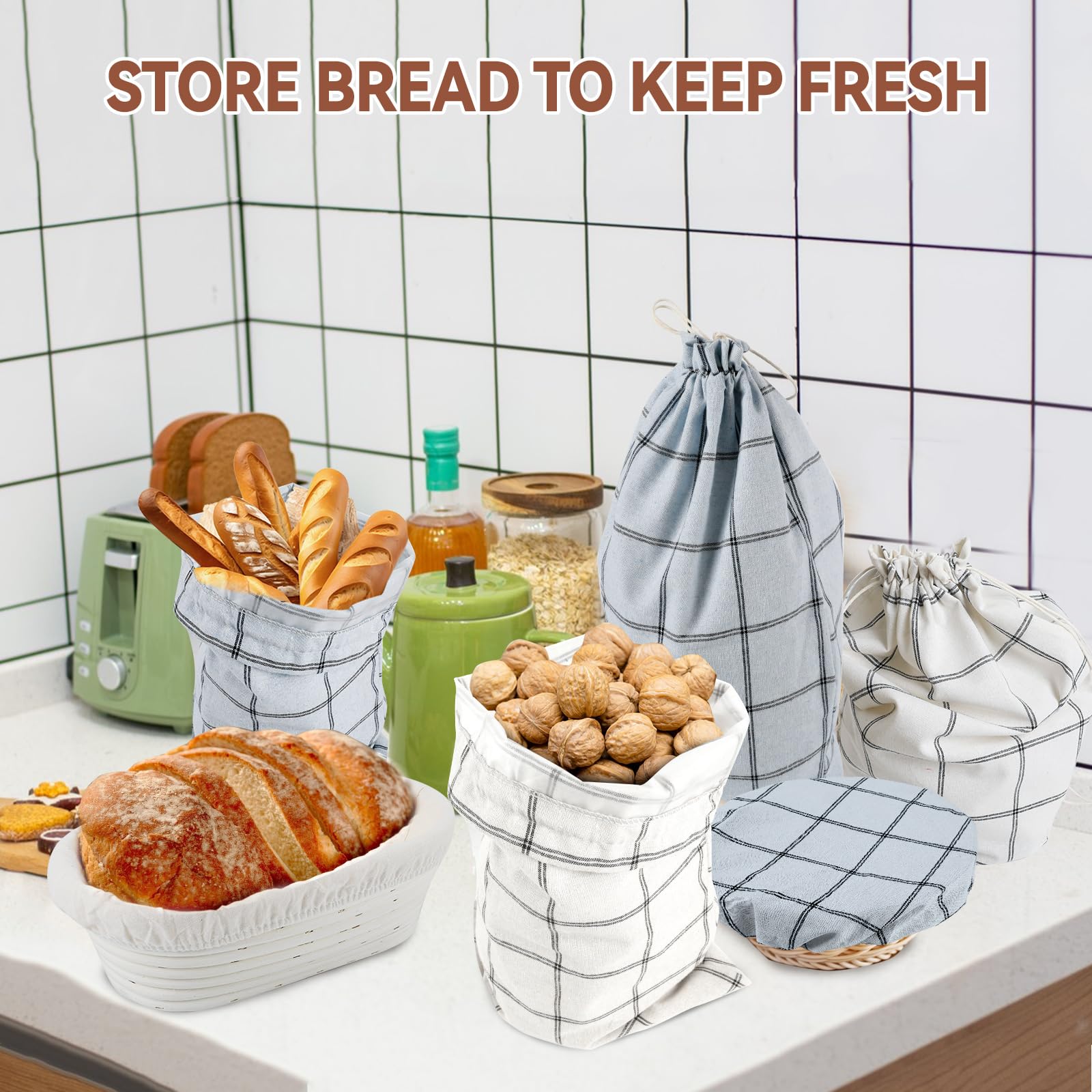 Set completo di cestini per lievitazione del pane, kit completo con 4 sacchetti per il pane, 4 coperchi per ciotole, 1 lama per segnare e accessori, lavabile e riutilizzabile per gli appassionati di