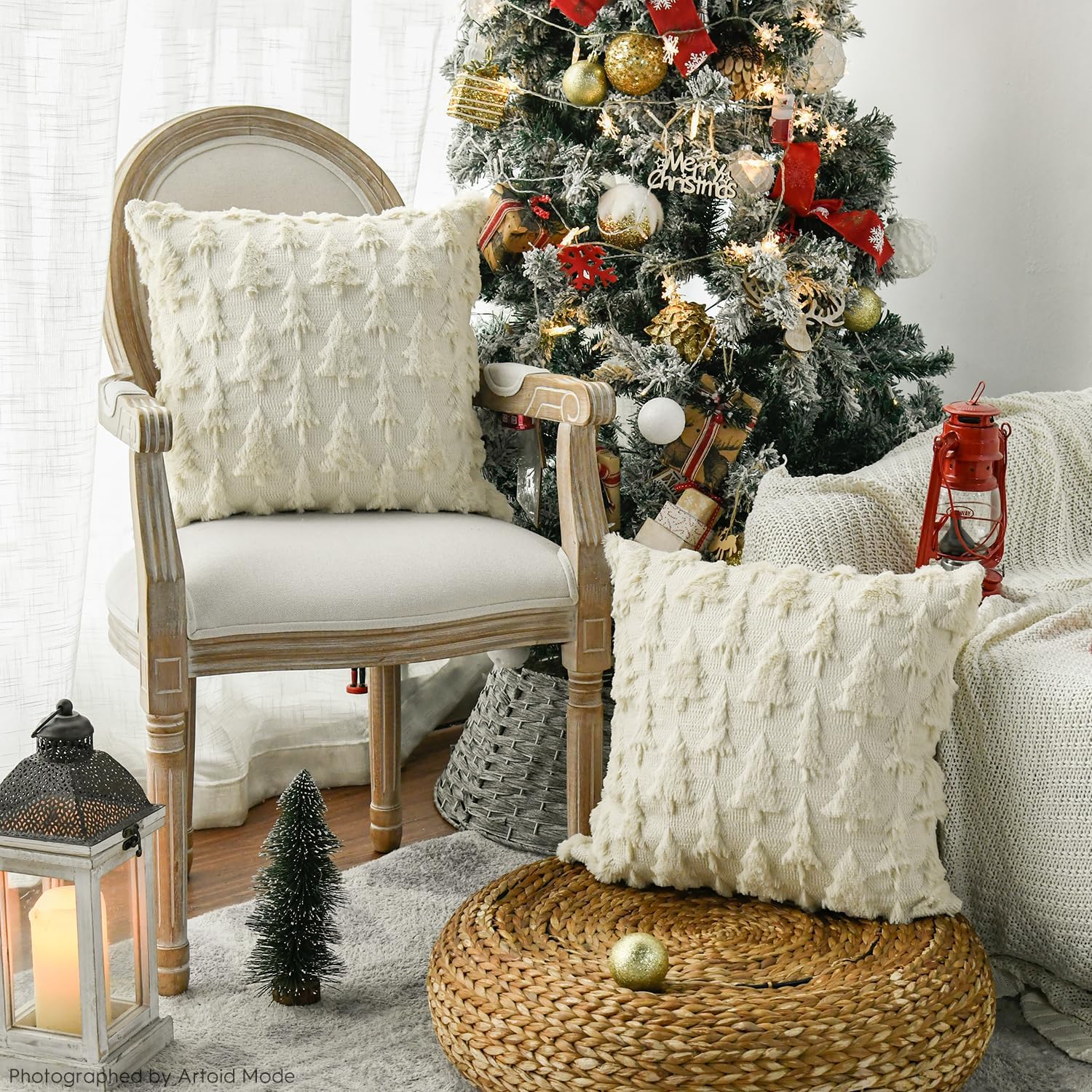 Artoid Mode Set van 2 kussenslopen van kunstbont, groen, goud, dennen, bomen, Kerstmis, winter, pluche fluweel, 50 x 50 cm, voor slaapkamer Artoid Mode Set van 2 kussenslopen van kunstbont, groen, goud, dennen, bomen, Kerstmis, winter, pluche fluweel, 50 x 50 cm, voor slaapkamer