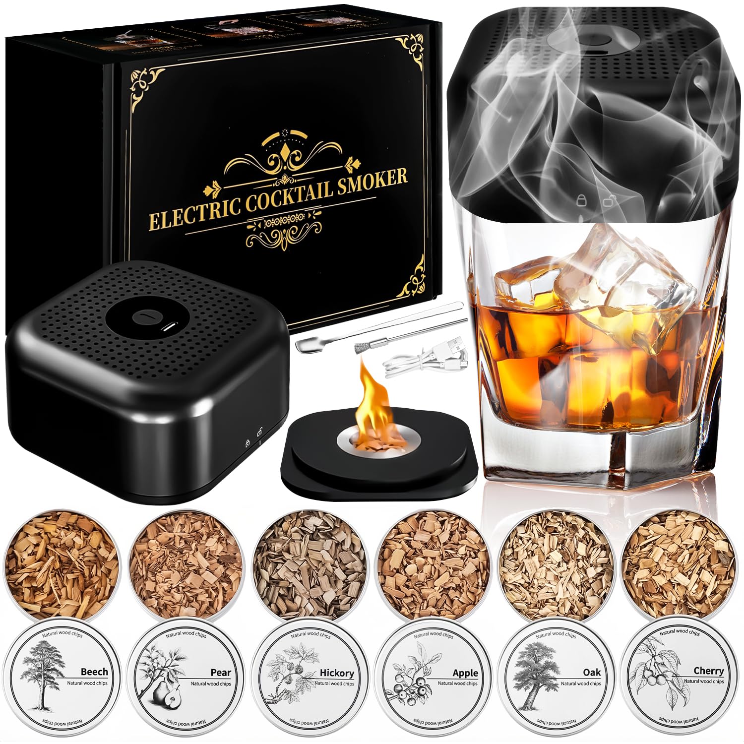 Electric Whiskey Smoker Kit, Rechargeable Cocktail Smoker Kit with 6 Wood Chips,Built in lighter, no need for butane.Birthday, Christmas, and anniversary whiskey gifts for men, fathers, and husbands