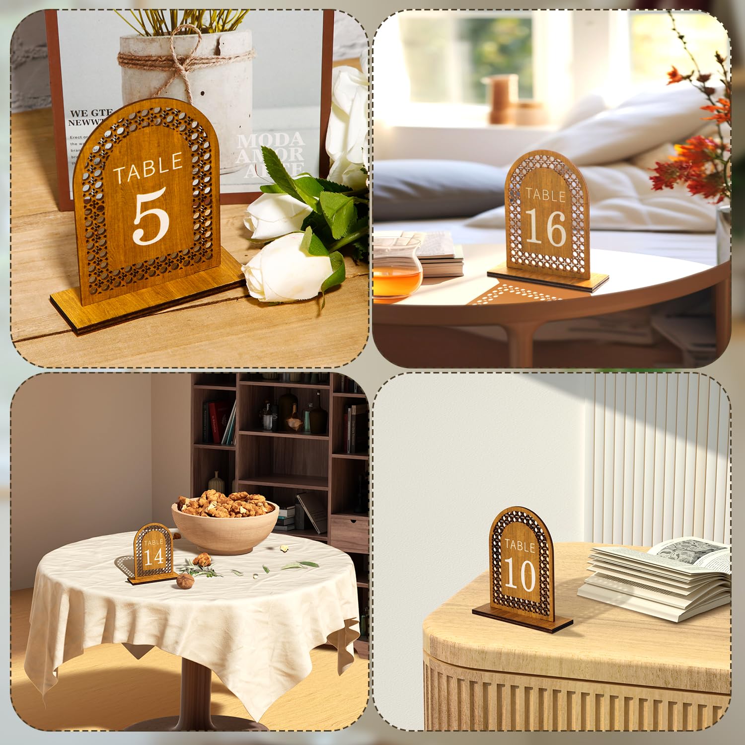 20 Pezzi di Numeri da Tavolo in Legno, Numeri da Tavolo ad Arco in Rattan da 1-20 Numeri da Tavolo per Ricevimento di Nozze con Supporti per Decorazioni per Banchetti Nuziali Ristoranti Feste