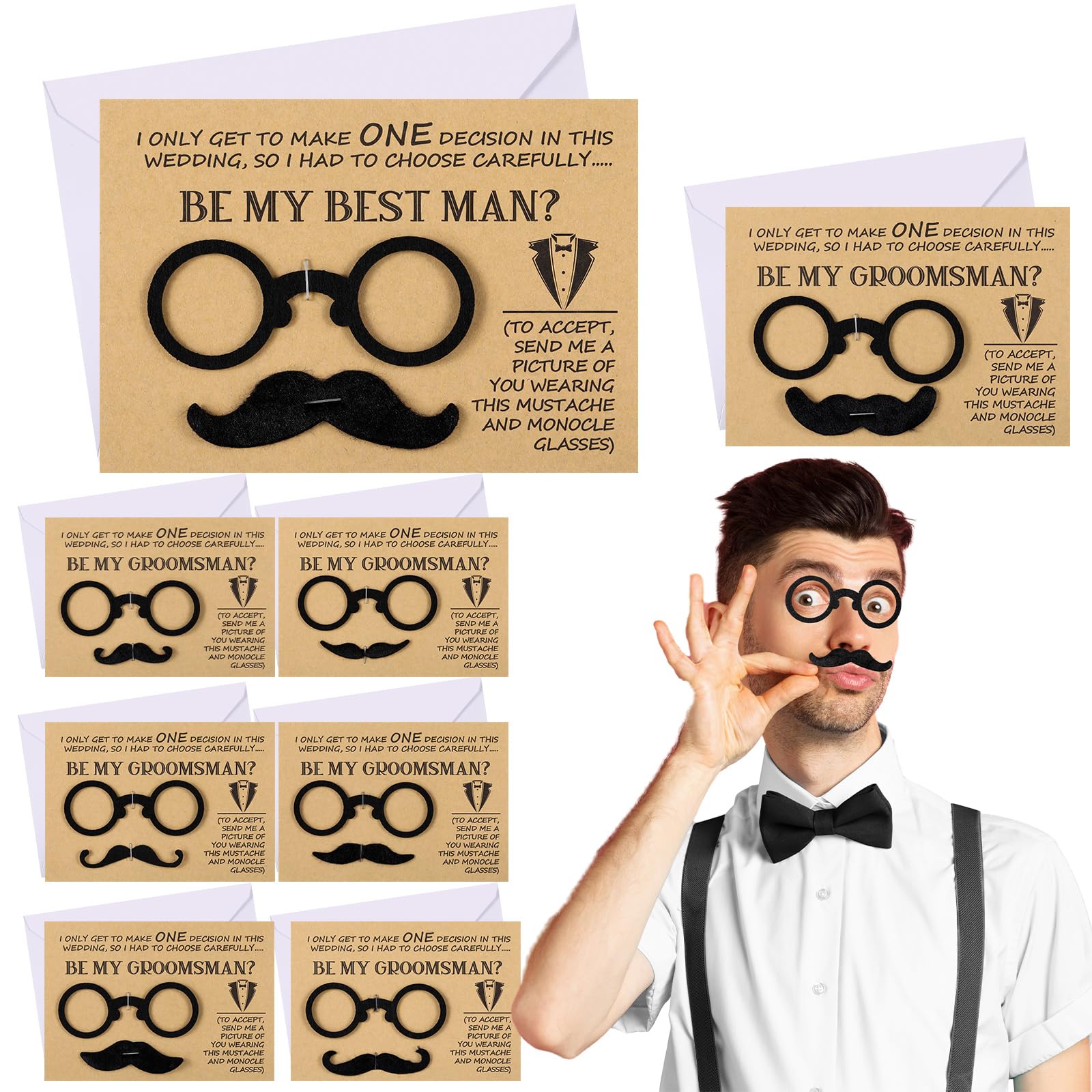 Daifunli 32 Pieces 8 Sets Groomsmen Proposal Cards with Wearable Glasses Mustaches and Envelopes, 7 Pcs Be My Groomsman and 1 Pcs Be My Best Man,
