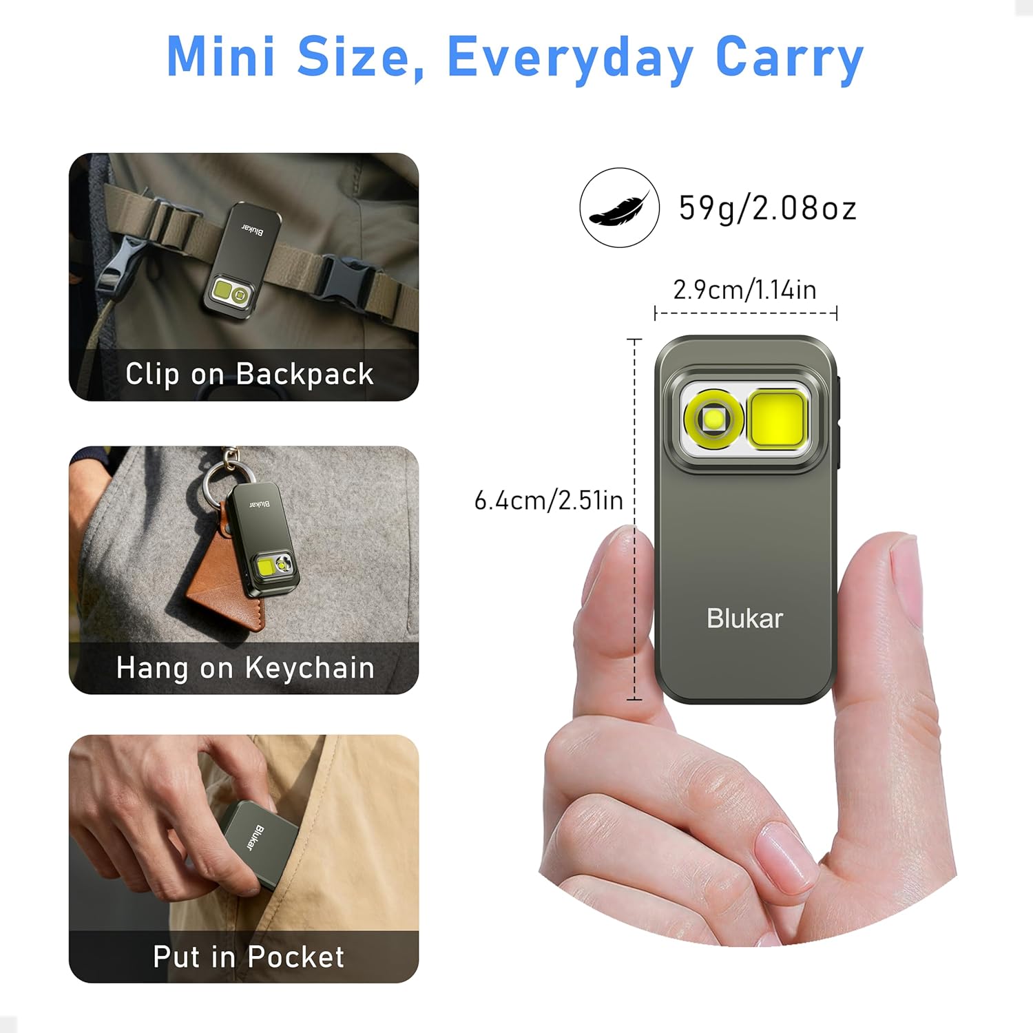 Blukar K9175 EDC Flashlight showing its mini size, dimensions (6.4cm/2.51in length, 2.9cm/1.14in width), weight (59g/2.08oz), and various carry options like clipping on a backpack, hanging on a keychain, or putting in a pocket.