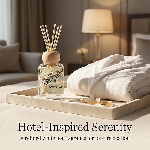 Vista 7 de Difusores de varillas para el hogar, aroma de lluvia de bambú 100ml (3.38oz) Aceite natural de larga duración para uso en el hogar, baño, oficina
