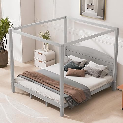 Cama de plataforma tamaño King con cabecera y patas de soporte, marco de cama King de madera con cuatro pósteres, no requiere somier, gris lavado