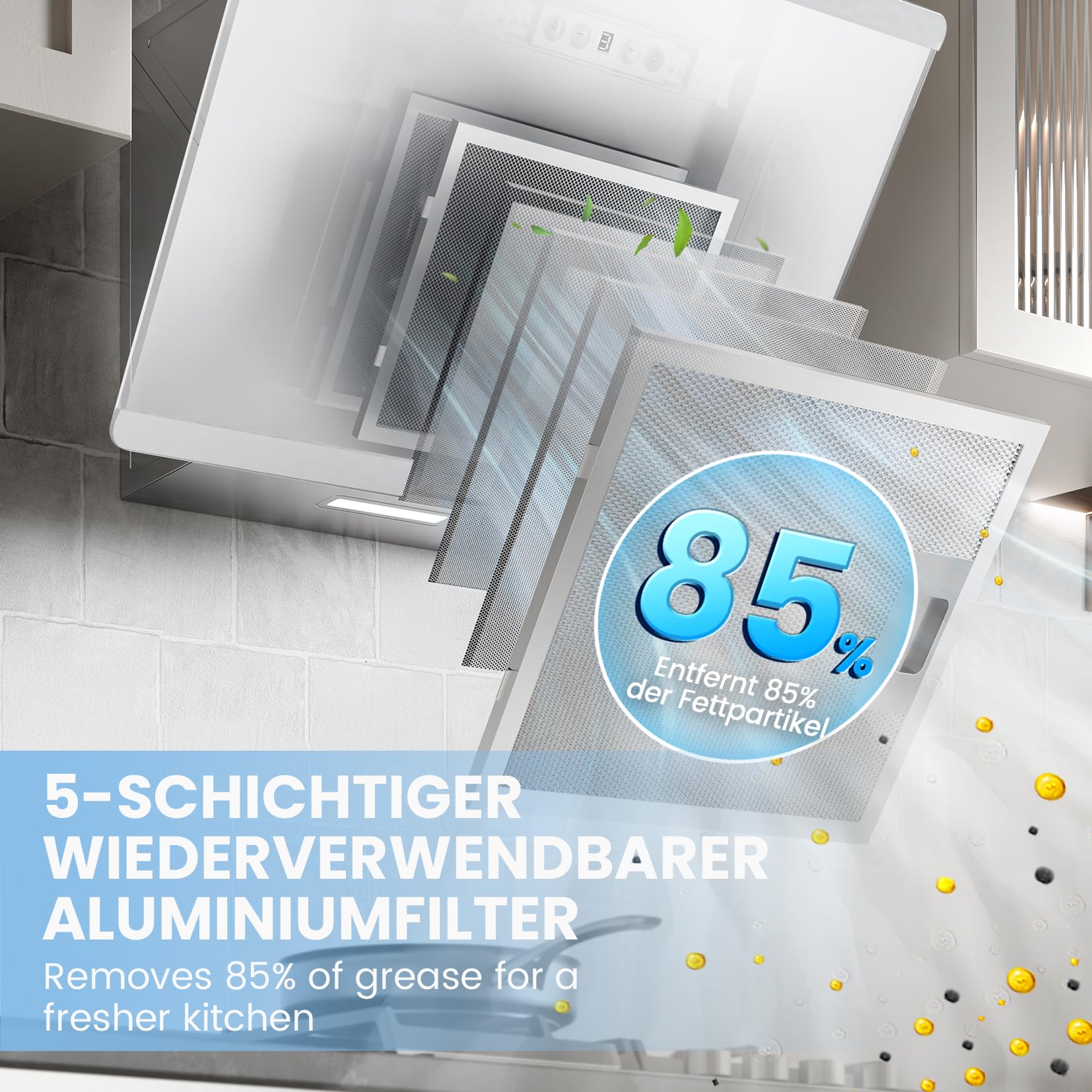 COMFEE CH60J64ET4A2W A++ Hotte aspirante 60 cm, Hotte 60 cm de convection et d'air évacué, 380 m³/h de flux d'air, design en acier inoxydable/verre avec écran tactile, LED, hotte aspirante avec filtre
