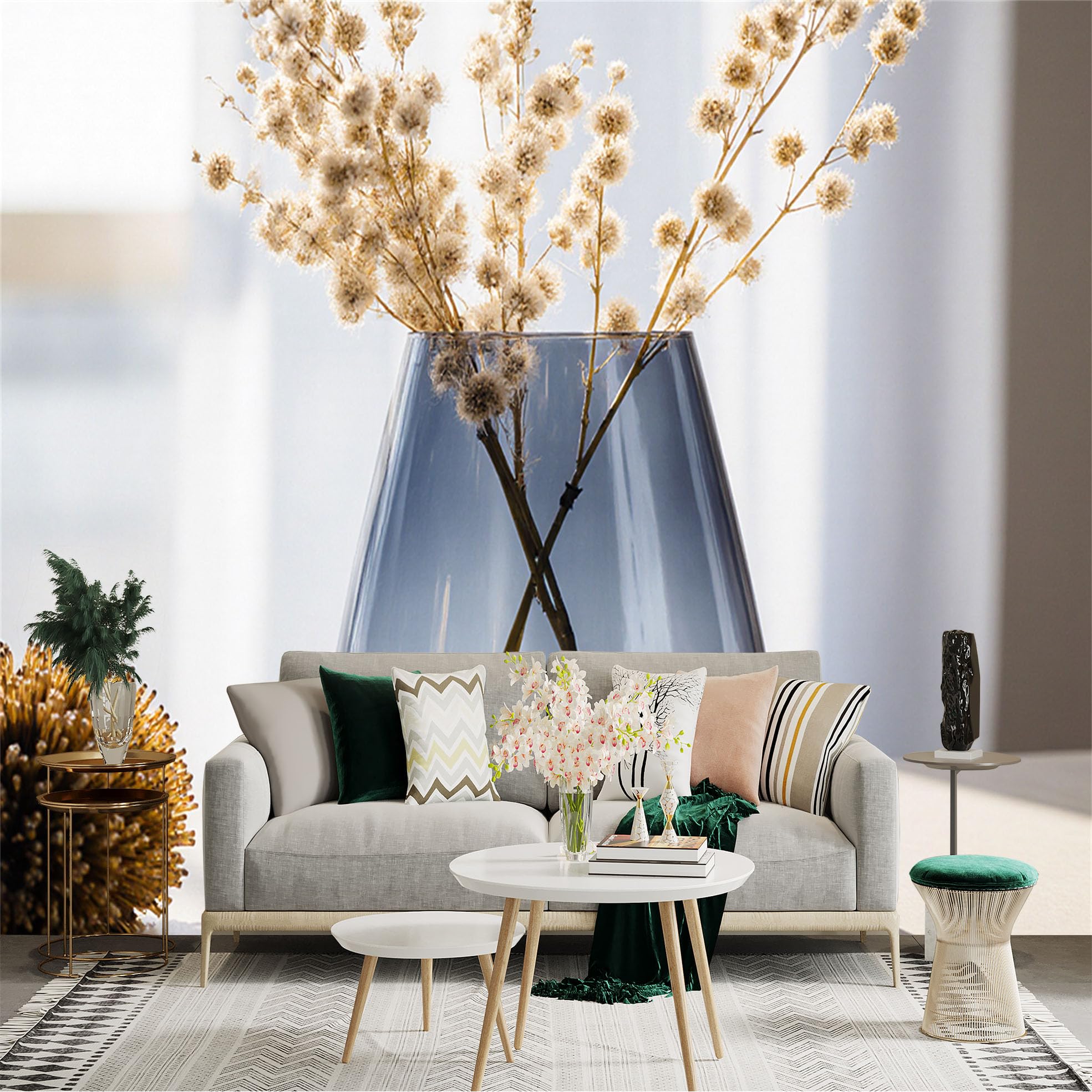 Custom Size Wall Sticker Mural， Blue Glass Vase with Dried Flowers， Minimalist Home Decor， Artistic Botanical Arrangement， for wall Decoration， peelandstick wall Decals.