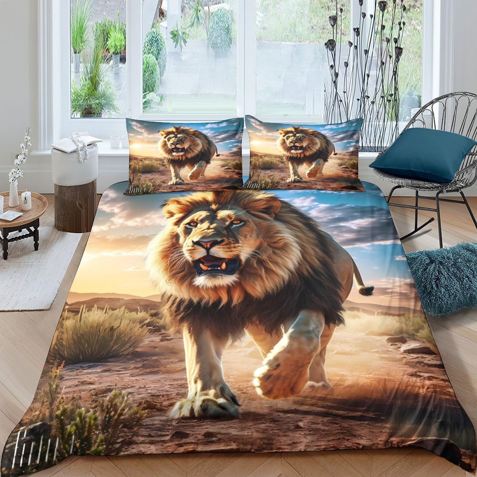 3D Printed Wild Lion Duvet Cover Microfiber Soft Breathable Savannah Bedding Set with 2 Pillowcases for Bedroom Decor Single（135x200cm）