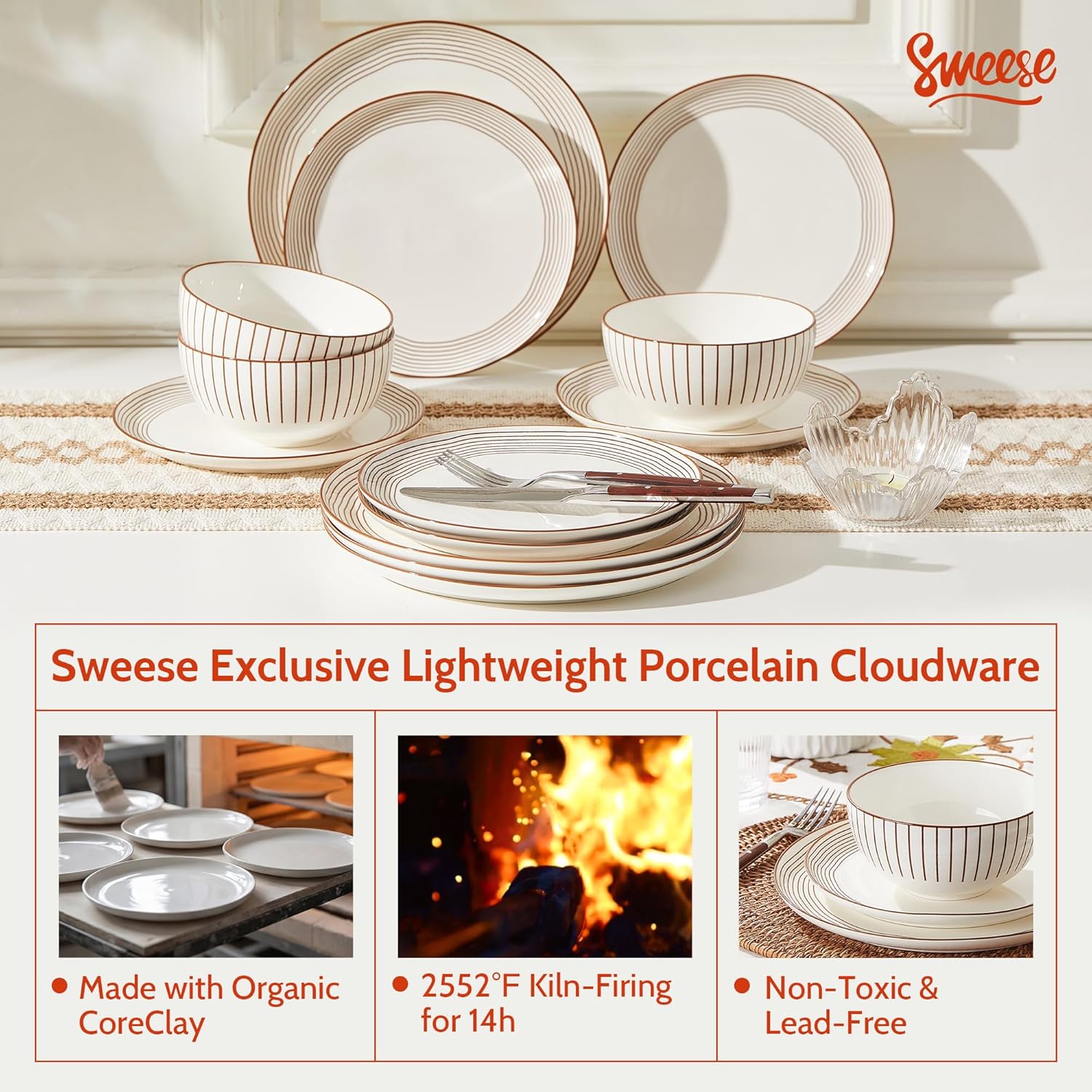 Sweese Lightweight Dinnerware Sets, Plates and Bowls Set for 6, 18 Pieces Stripe Dishes - Chip and Scratch Resistant, Microwave and Dishwasher Safe Porcelain Dinner Sets, Neutral