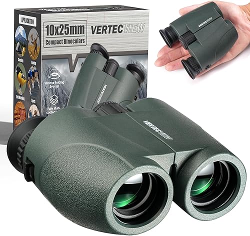 Binoculares de 10 x 25, prismáticos compactos para adultos; alta potencia, enfoque suave, resistente al agua, óptica HD, excelente opción para