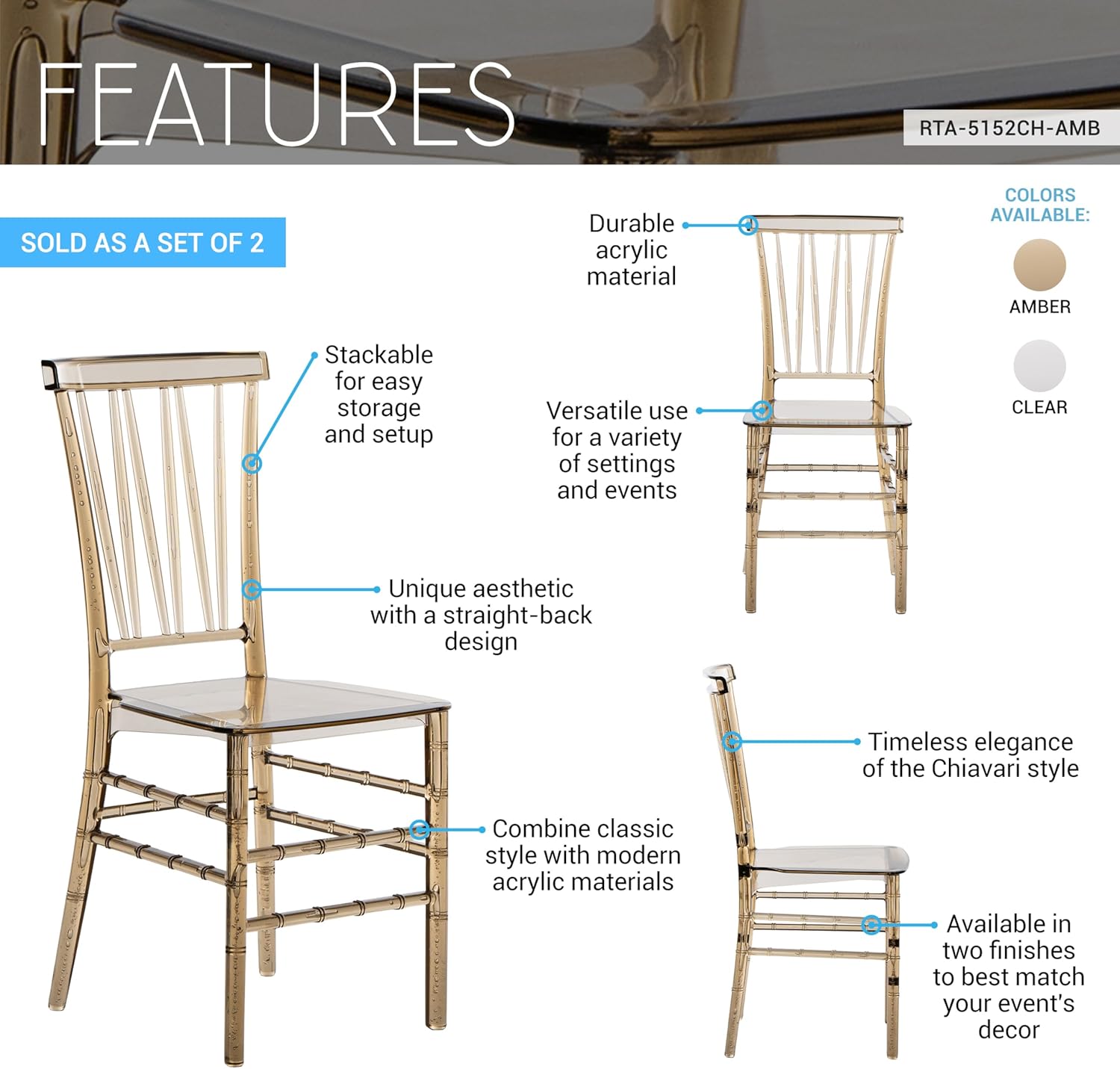 Chiavari Style Chair, Set of 2 Stackable Acrylic Chairs, Elegant Design, Perfect for Weddings, Parties, Events, or Extra Dining Seating, Modern and Versatile for Indoor/Outdoor Use (Amber)