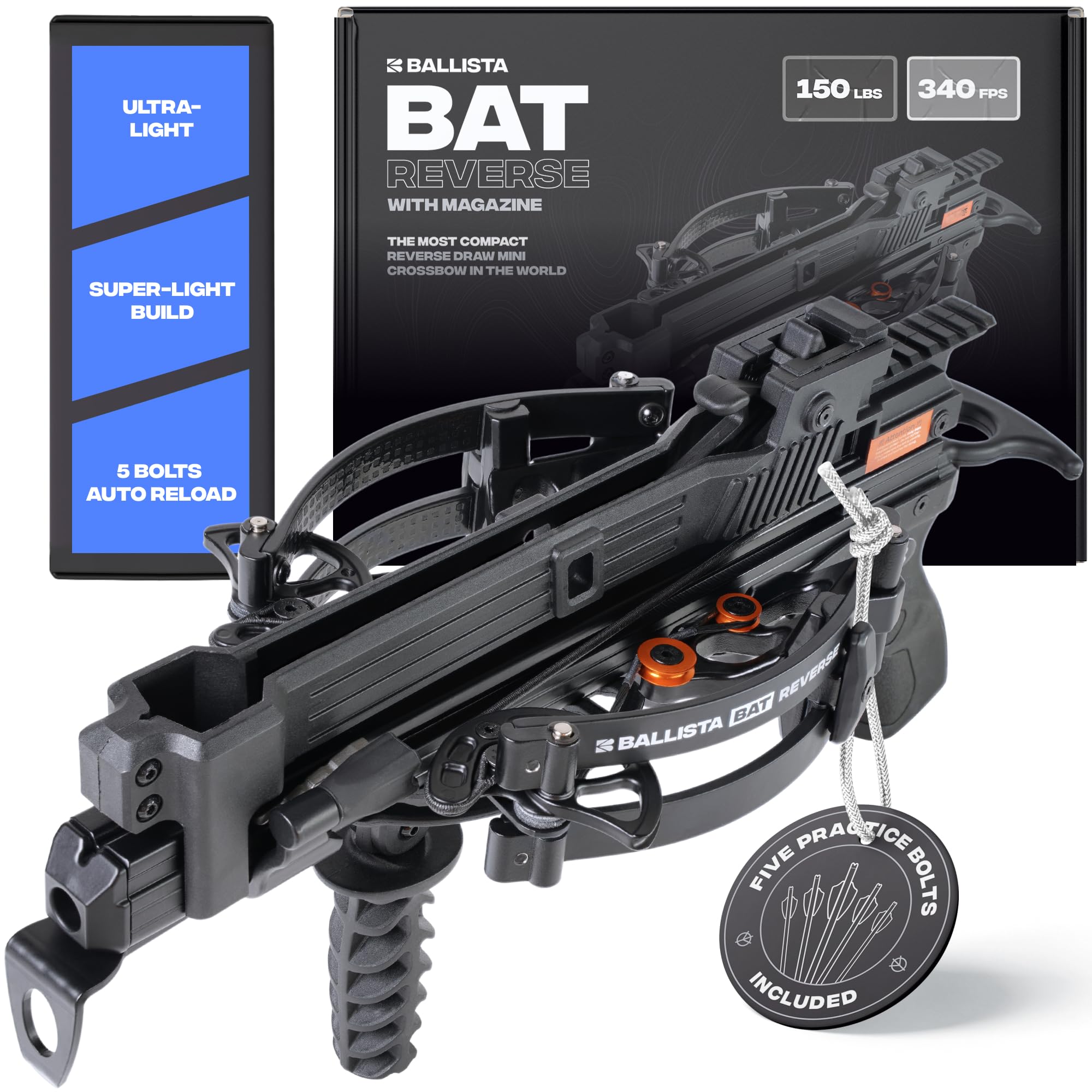 BAT Reverse Crossbow with 5-Bolt Magazine, 340 FPS, 150 lb | 16 in, 3.44 lb aluminum frame with 50 lb pull-to-cock design for easier loading, compact carry and faster follow-up shots.