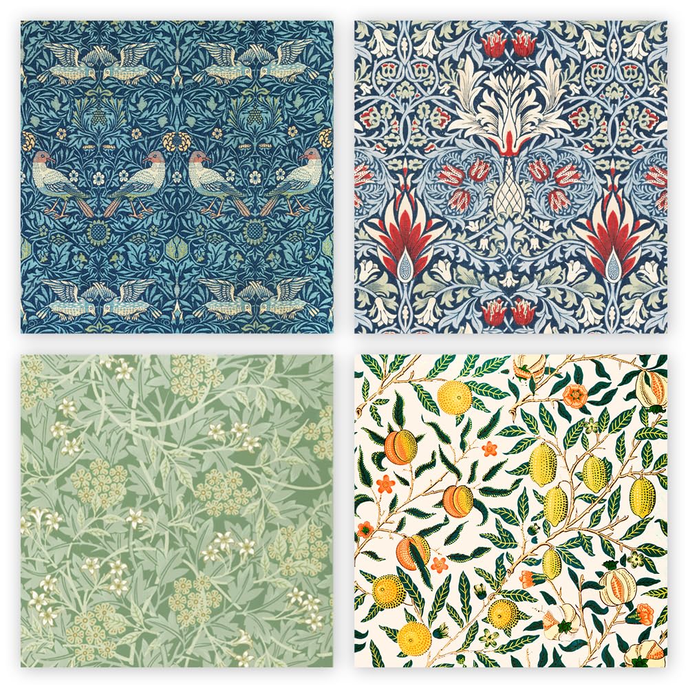 Mixed pack of blank greeting cards and envelopes, 12 note cards 4 different William Morris designs, blank greeting inside notelet and envelope sets. (10.5x10.5cm)