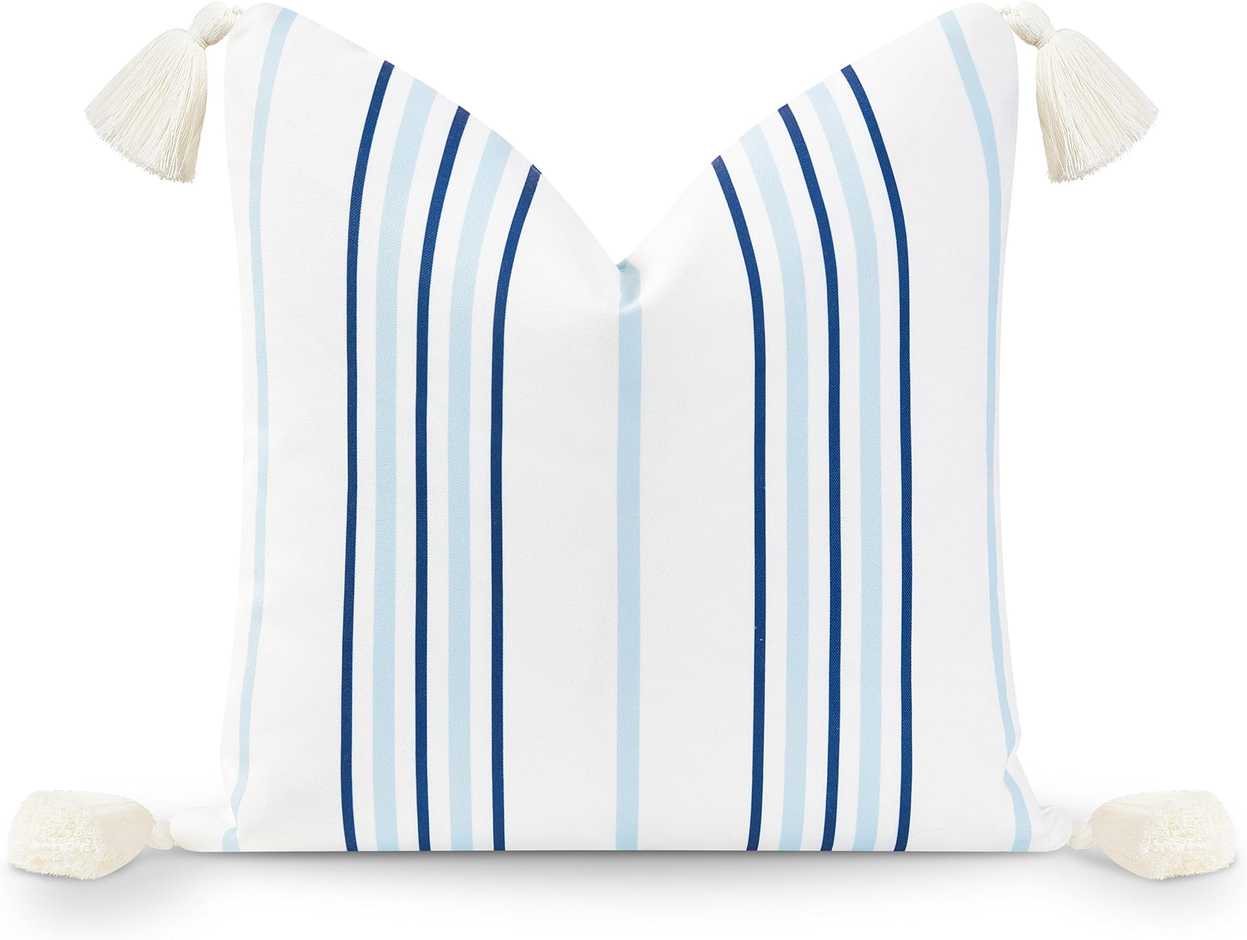 Hofdeco PremiumCoastal Hampton Style Patio Indoor Outdoor Throw Pillow Cover Only, 18"x18" Water Resistant for Backyard, Couch, Baby Blue Navy Stripe Tassel
