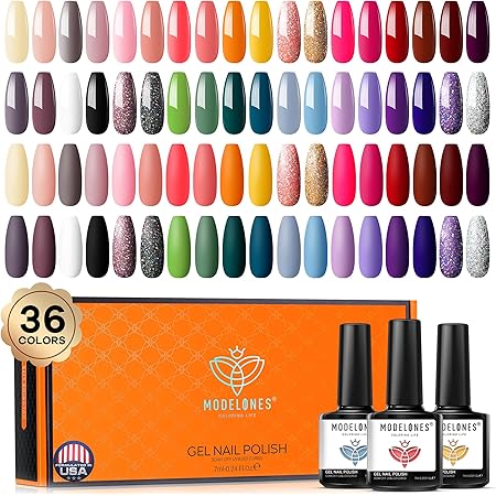 Gel Nail Polish Set, Modelones 36 Pcs Colors 7ML Fall Autumn Holiday Gel Polish Soak Off Gel Nail Kit Glitter Nail Art Starter Kit Beauty Gifts Set for Women Girls Halloween Christmas Gift