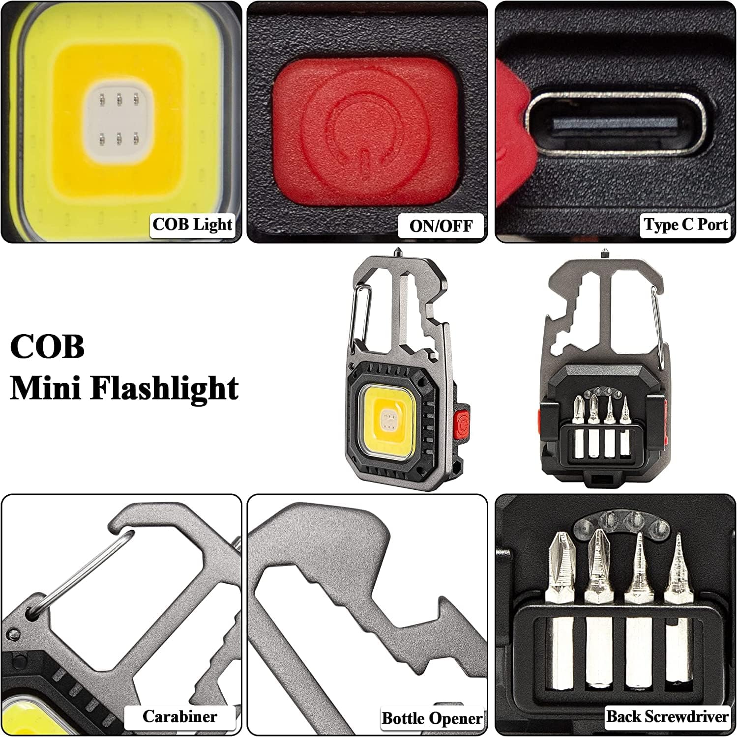 AUTOXBERT COB Keychain Work Light Rechargeable, 2 Pack 1000LM Multifunction Work Light, 7 Lighting Modes with Screw Driver Kit, Bottle Opener, Carabiner Suitable for Outdoor Hiking