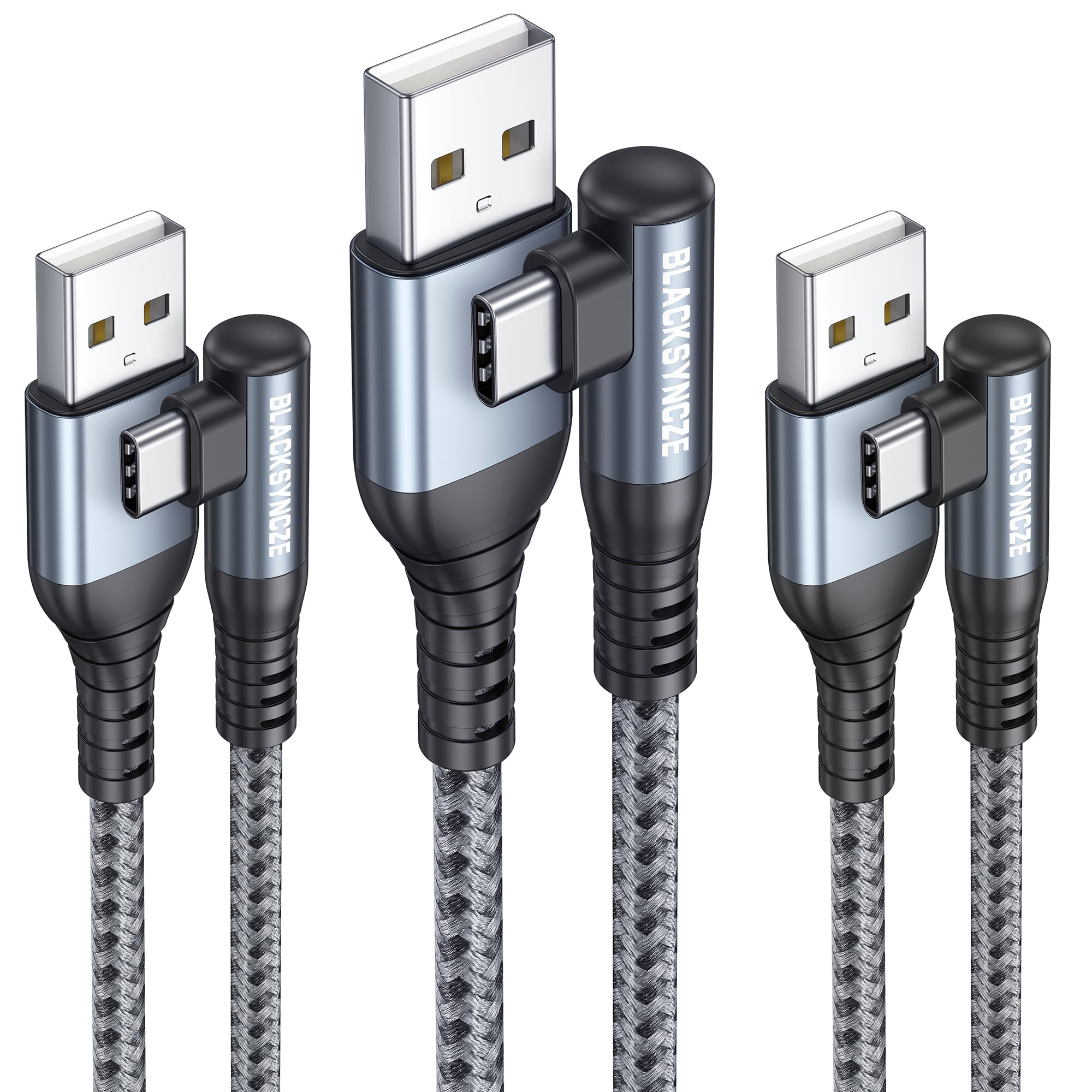 BLACKSYNCZE Cavo USB C [3Pezzi 1M+1M+2M] Cavo USB Type-C 90 Gradi Ricarica Rapida Cavo Tipo C Nylon Cavo Caricatore per Samsung Galaxy S23 S22 S21 S20 S10 S9 A53 Note 20 10, Huawei, Pixel 7, Grigio