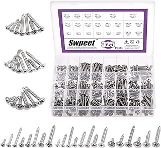Swpeet 325Pcs 3 Types #6 #8 #10 SAE 304 Stainless Steel Round Pan Head and Phillips Flat Head Self Tapping Sheet Metal Screws Wood Screws with 410 Stainless Steel Truss Head Fast Self Tapping Screws Kit
